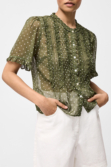 POLKA DOT SHORT SLEEVE RUFFLE TOP SZ18 KHAKI/SUMMER 1