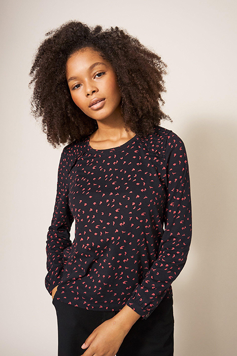 ANA SMOCK SHOULDER TOP BLACK PRINT 1