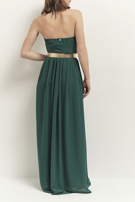 RHODES - LONG STRAPLESS RECYCLED JUNGLE GREEN DRESS WITH PLE 2