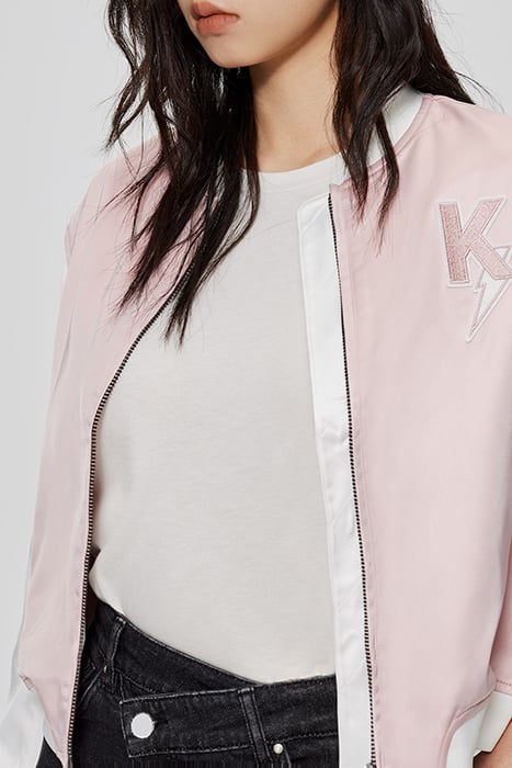 PINK/WHITE VARSITY JACKET, BADGES AND EMBROIDERY 3