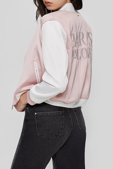 PINK/WHITE VARSITY JACKET, BADGES AND EMBROIDERY 2