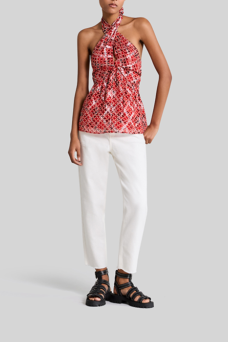 POPPY RED BACKLESS TOP WITH CHECK PRINT 3