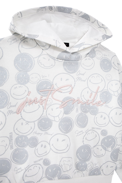 GIRLS’ WHITE HOODIE WITH SILVER ALL-OVER SMILEYWORLD PRINT 3