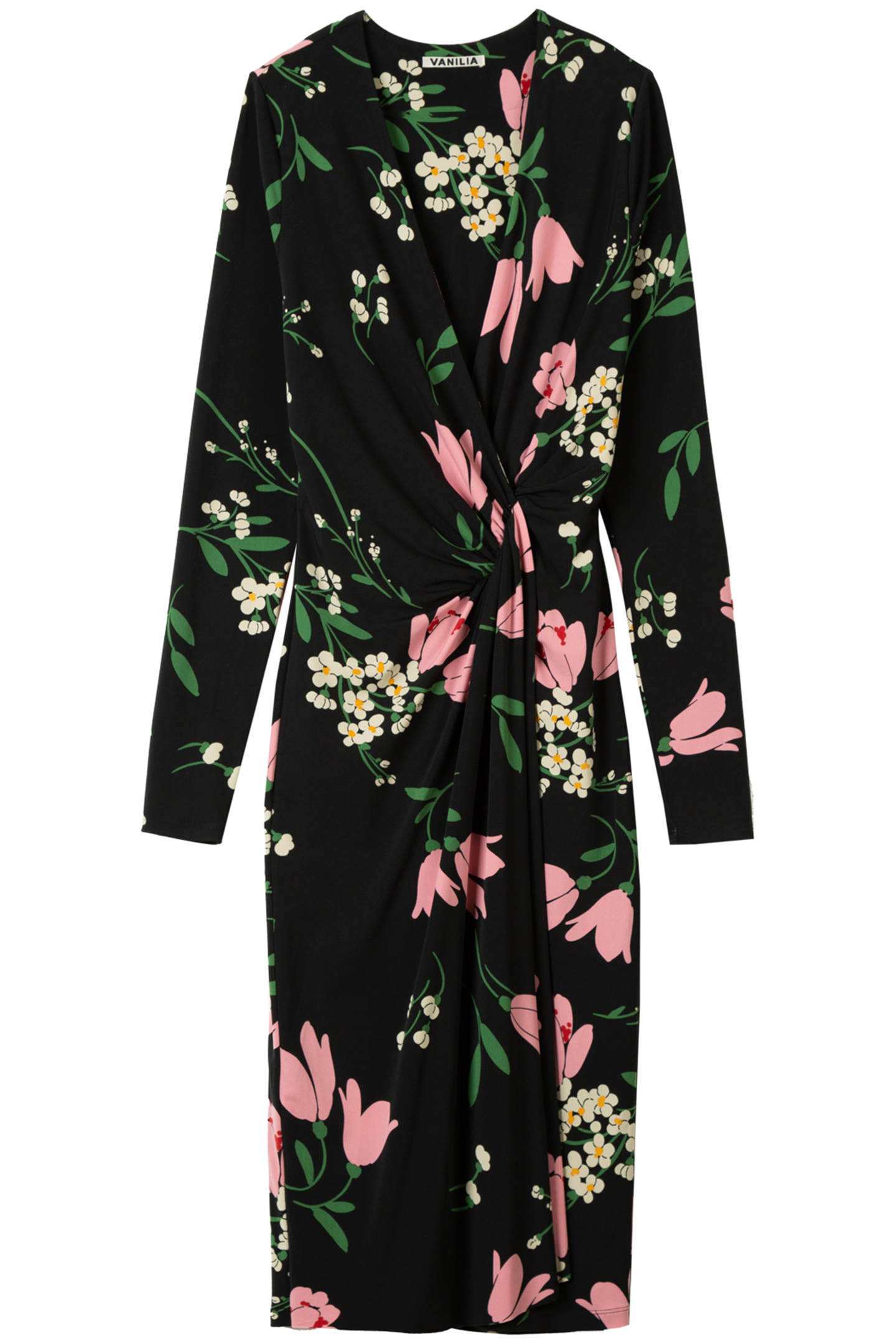 DRESS FLORAL CREPE DRAPE BLACK/CHATEAU ROSE/GREEN 3