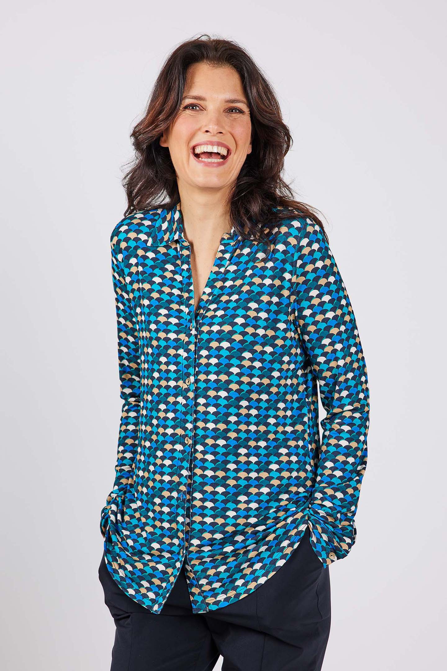 JERSEY BLOUSE GWEN CAMPANULA BLUE WITH SUNSET PRINT by DIDI