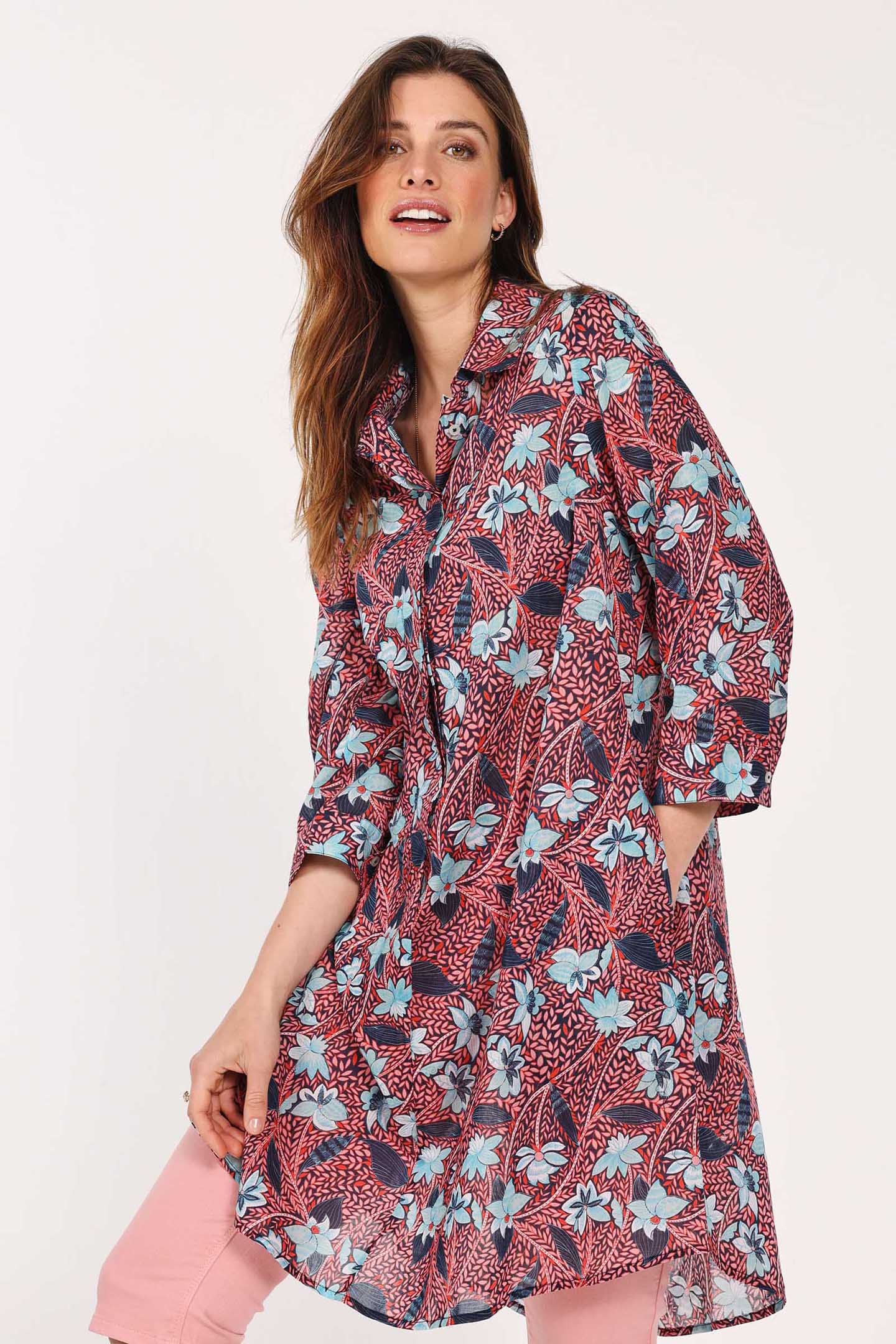 LONG BLOUSE DRESS FLORA POPPY RED WITH LOTS OF LEAVES PRINT by DIDI