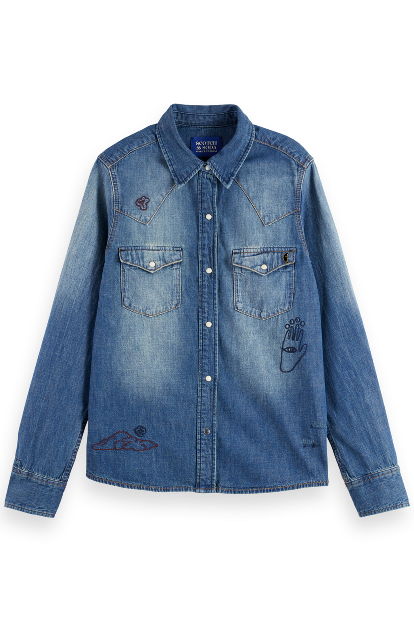 WASHED REGULAR FIT DENIM WESTERN SHIRT WITH EMBROIDERIES WAS 4