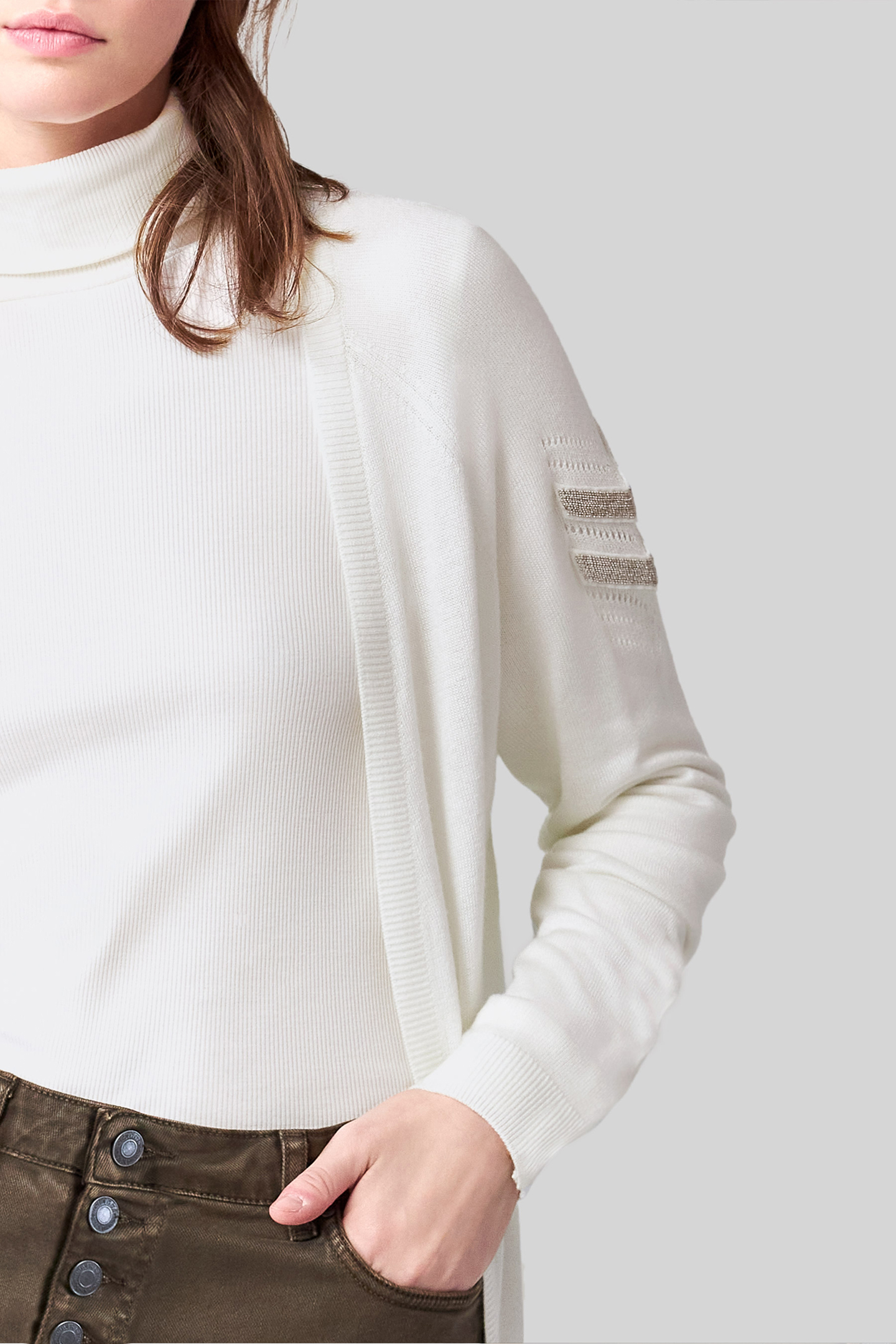 ECRU MID-LENGTH CARDIGAN, EMBROIDERED CHEVRONS 6