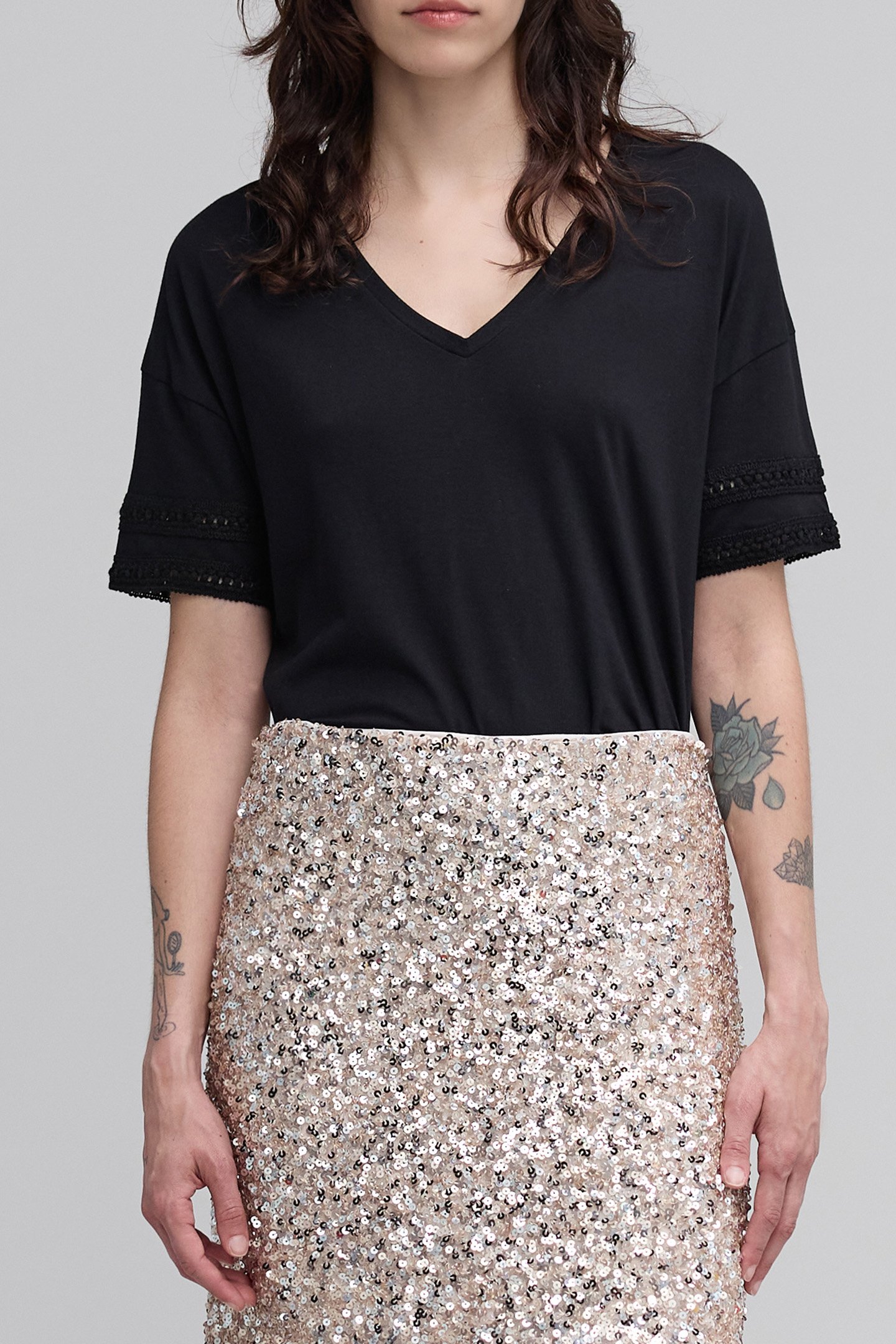 BLACK T-SHIRT WITH JEWEL COLLAR AND SLEEVES 1