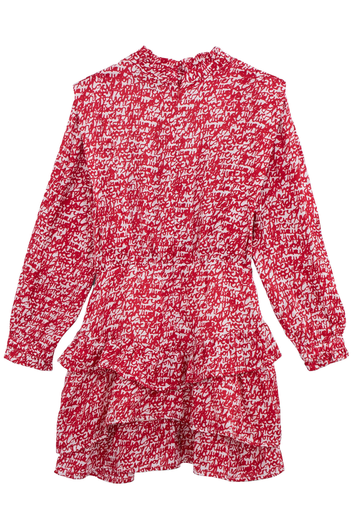 GIRLS’ RED RUFFLED DRESS WITH TAG PRINT 2