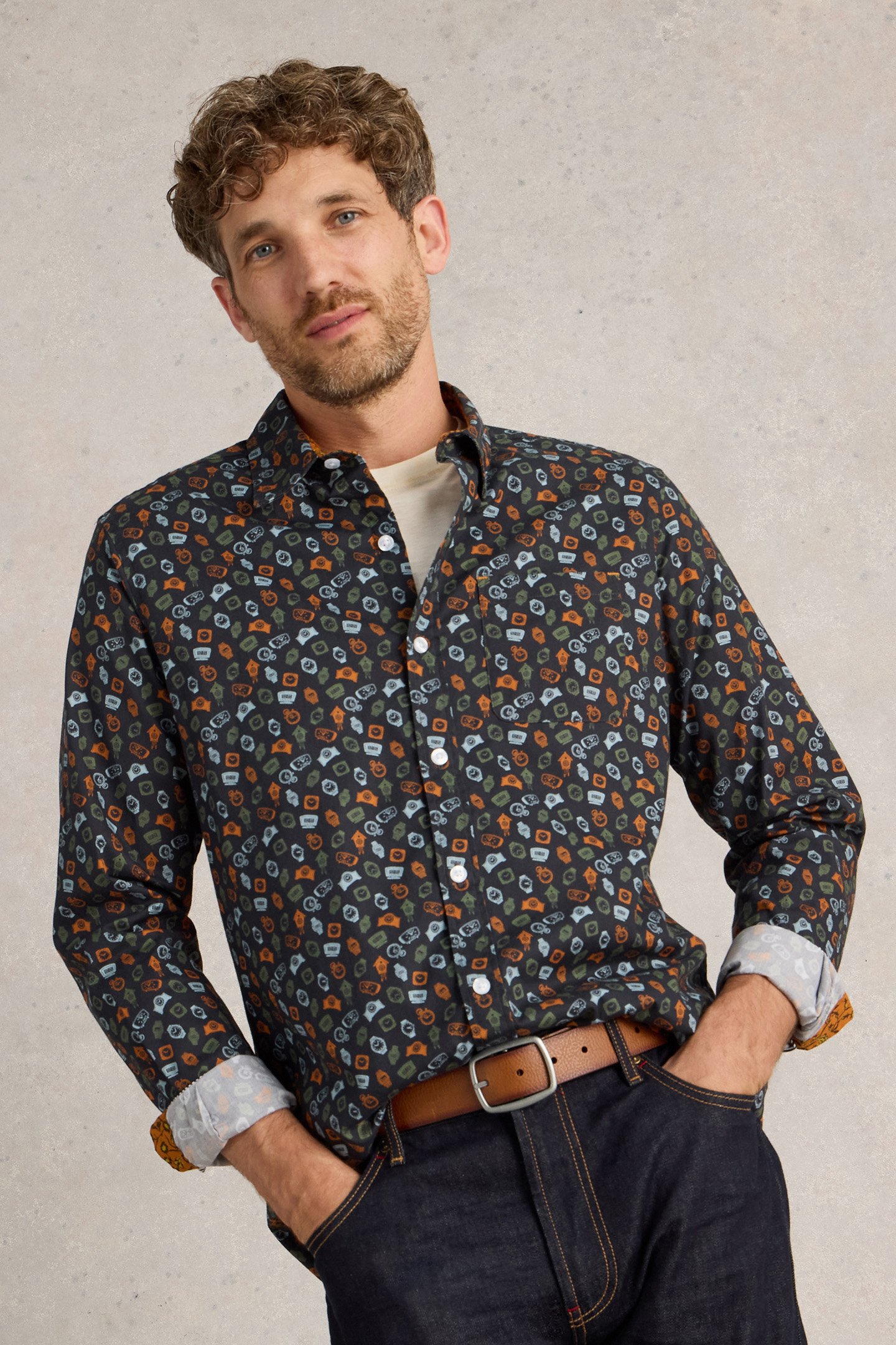 CLOCK PRINTED SHIRT NAVY PRINT by White Stuff