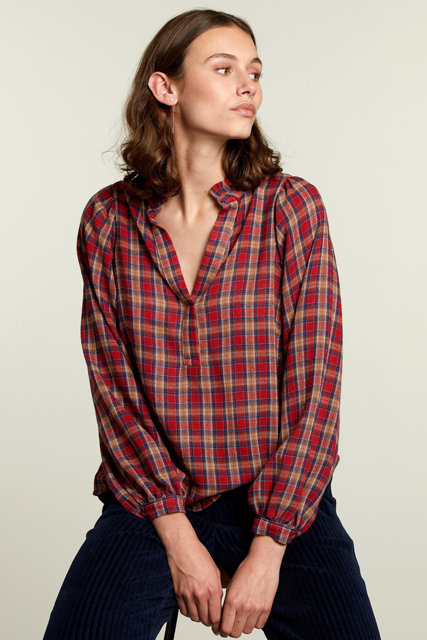 MULTI CHECKED V-NECK BLOUSE 1