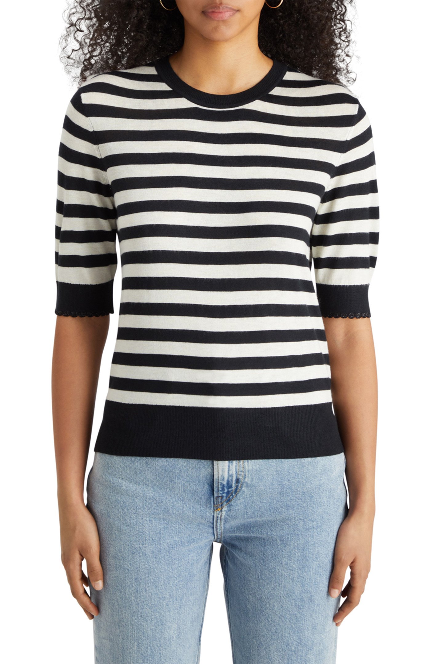 CREW NECK SHORT SLEEVED PULLOVER BLACK AND WHITE STRIPE 1