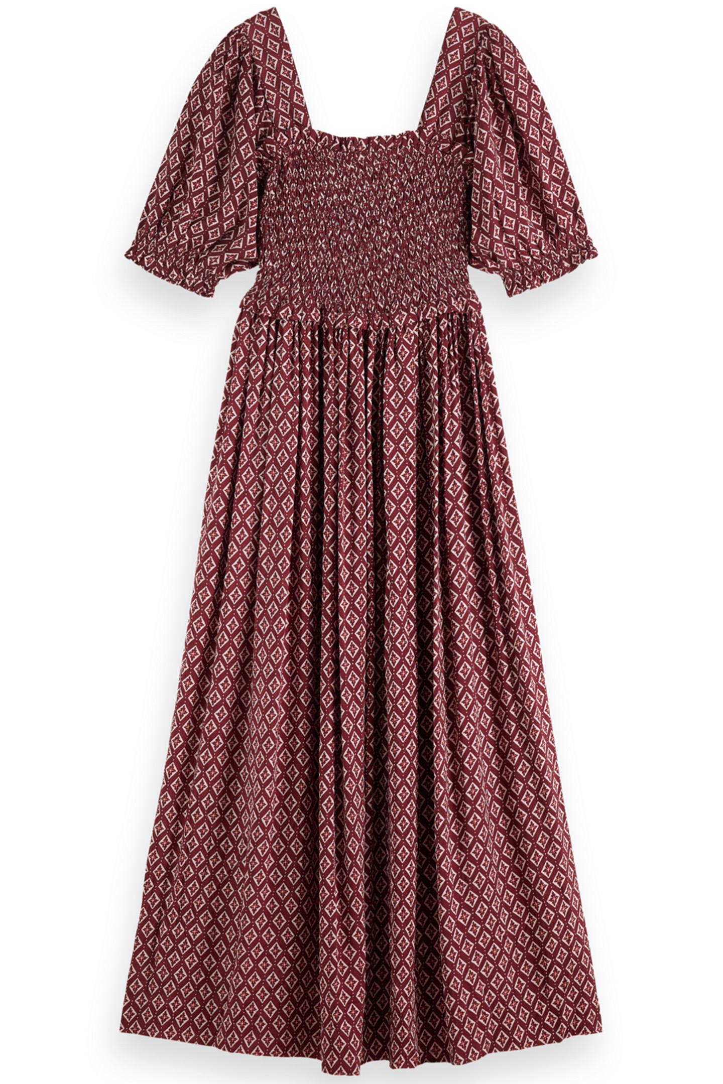 MAXI DRESS WITH SMOCK GEO FLOWER BORDEAUX 3