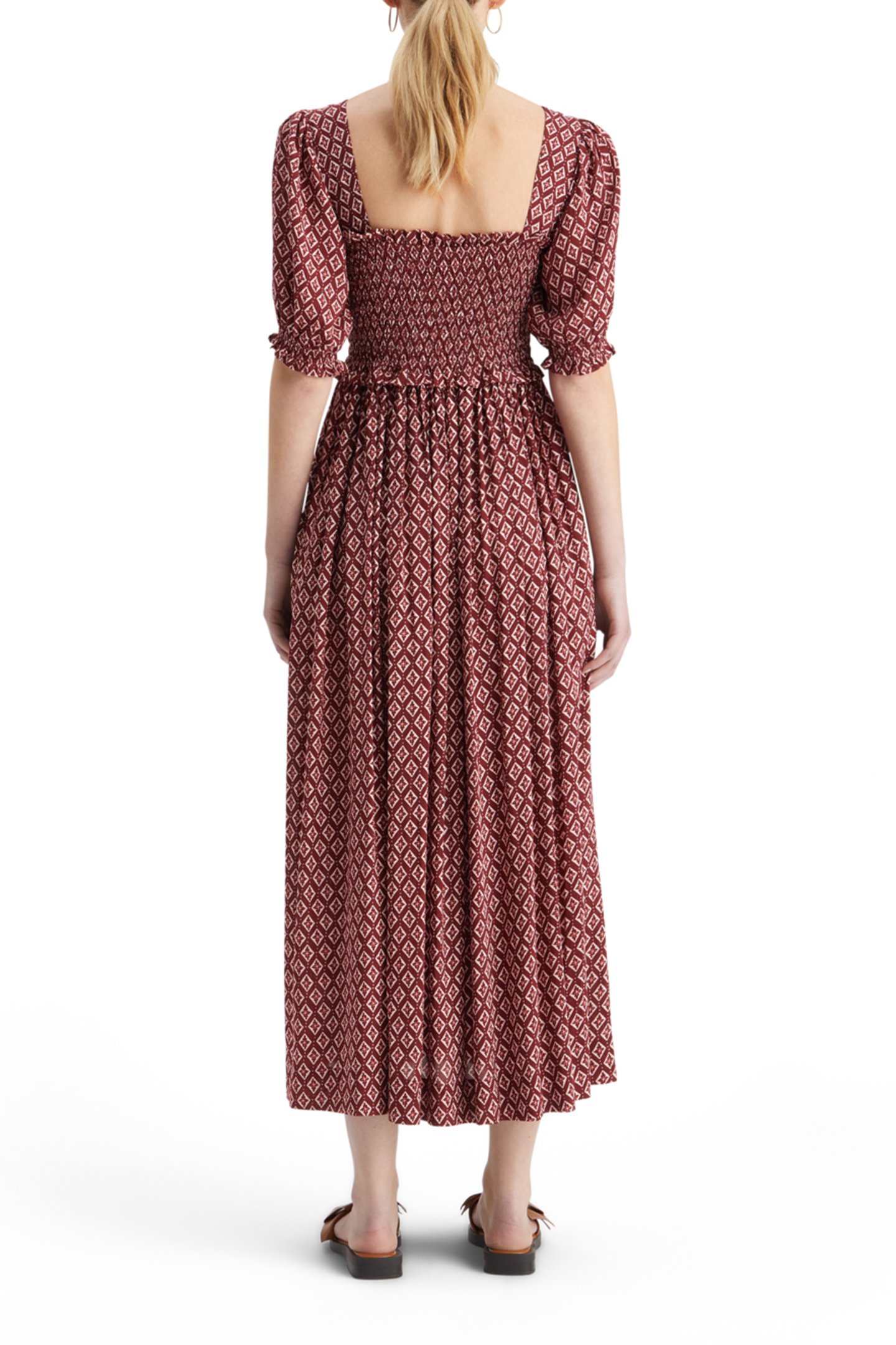 MAXI DRESS WITH SMOCK GEO FLOWER BORDEAUX 2