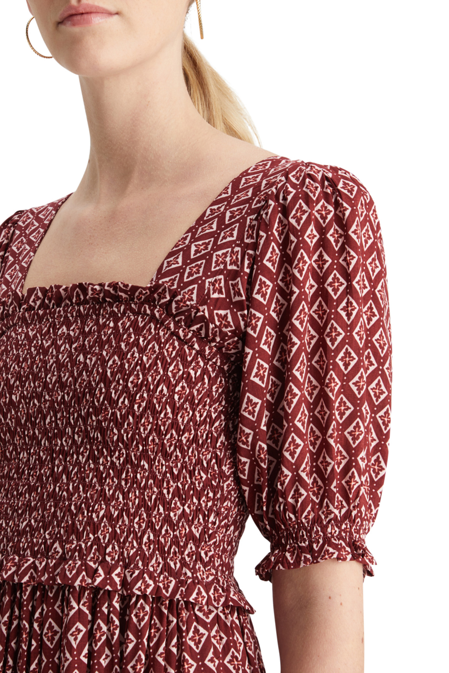 MAXI DRESS WITH SMOCK GEO FLOWER BORDEAUX 7