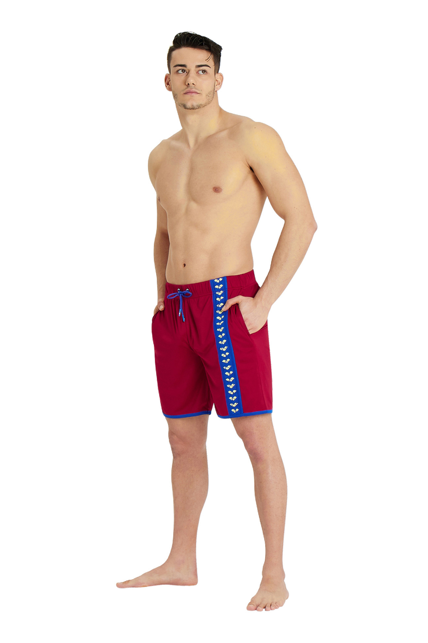MEN'S ARENA ICONS BEACH BERMUDA LOGO BURGUNDY-NEON BLUE 3