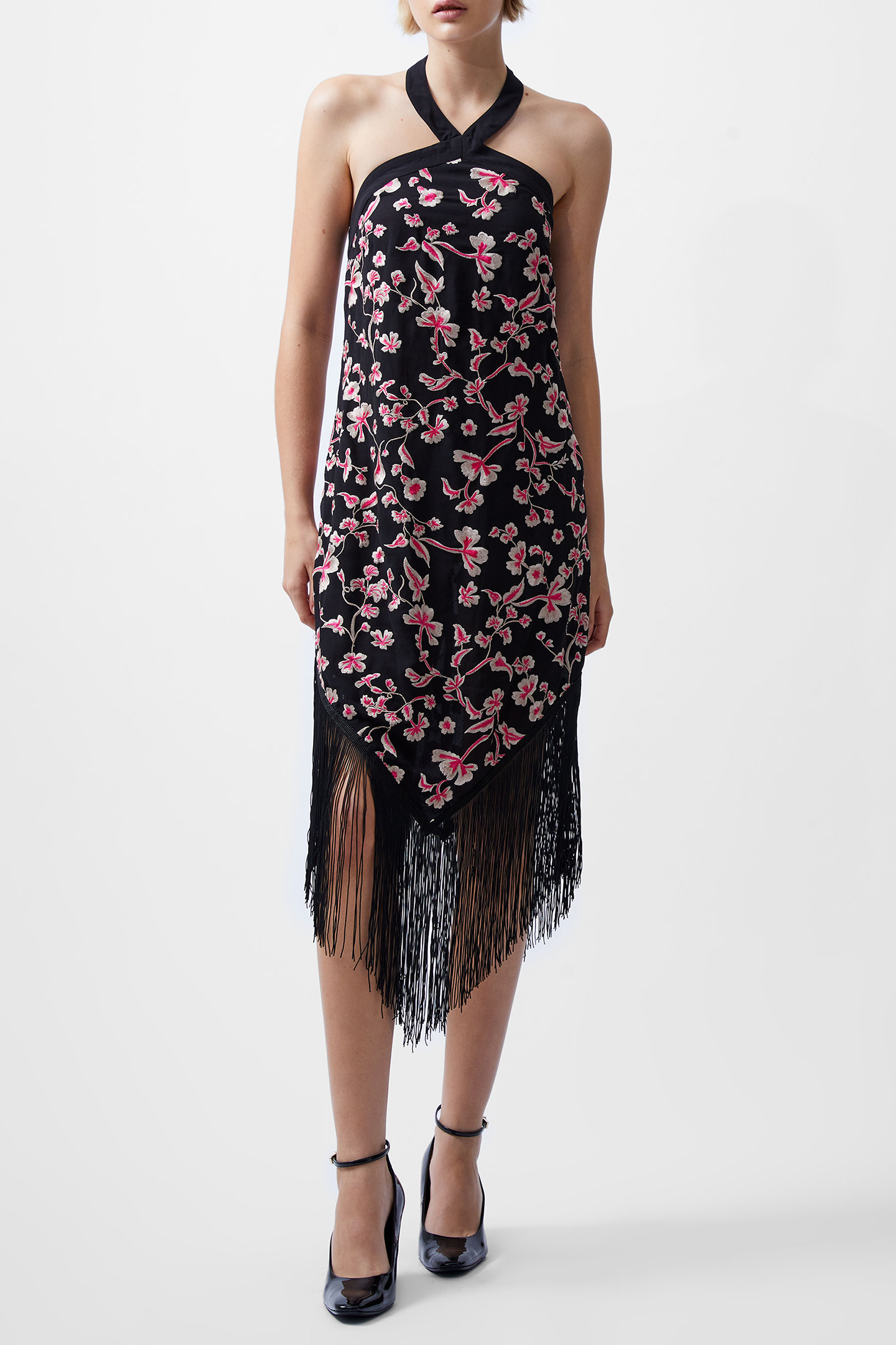 BRYONY EMB HALTER NK DRESS BLACKOUT/PINK MULTI 1