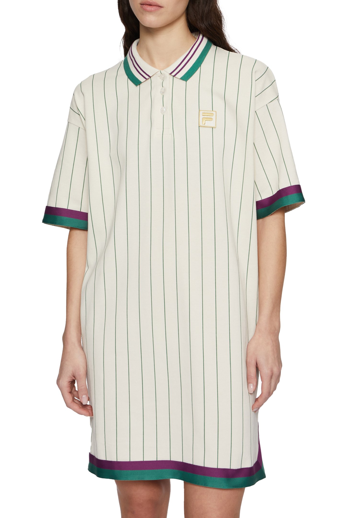 LAVINIA STRIPED OVERSIZED POLO DRESS ANTIQUE WHITE/FIR STRIP by FILA