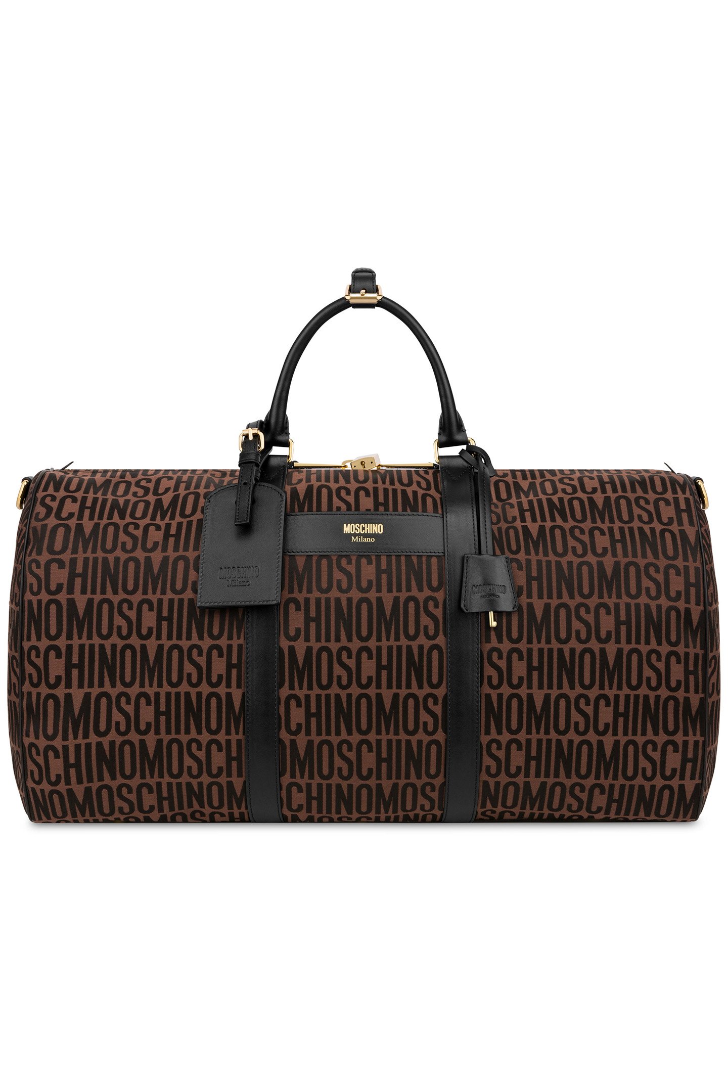 ALLOVER LOGO NYLON TRAVEL DUFFEL BAG BROWN by Moschino