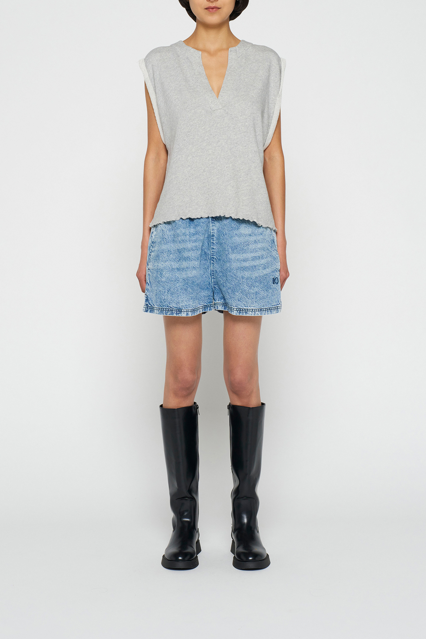 V-NECK TOP FLEECE LIGHT GREY MELEE 2