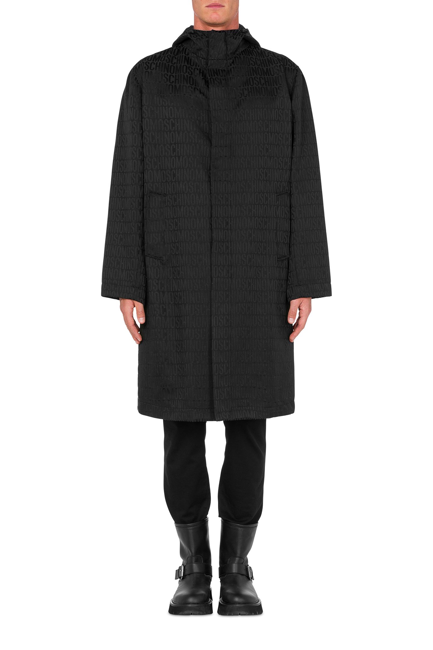 ALLOVER LOGO JACQUARD NYLON COAT BLACK by Moschino