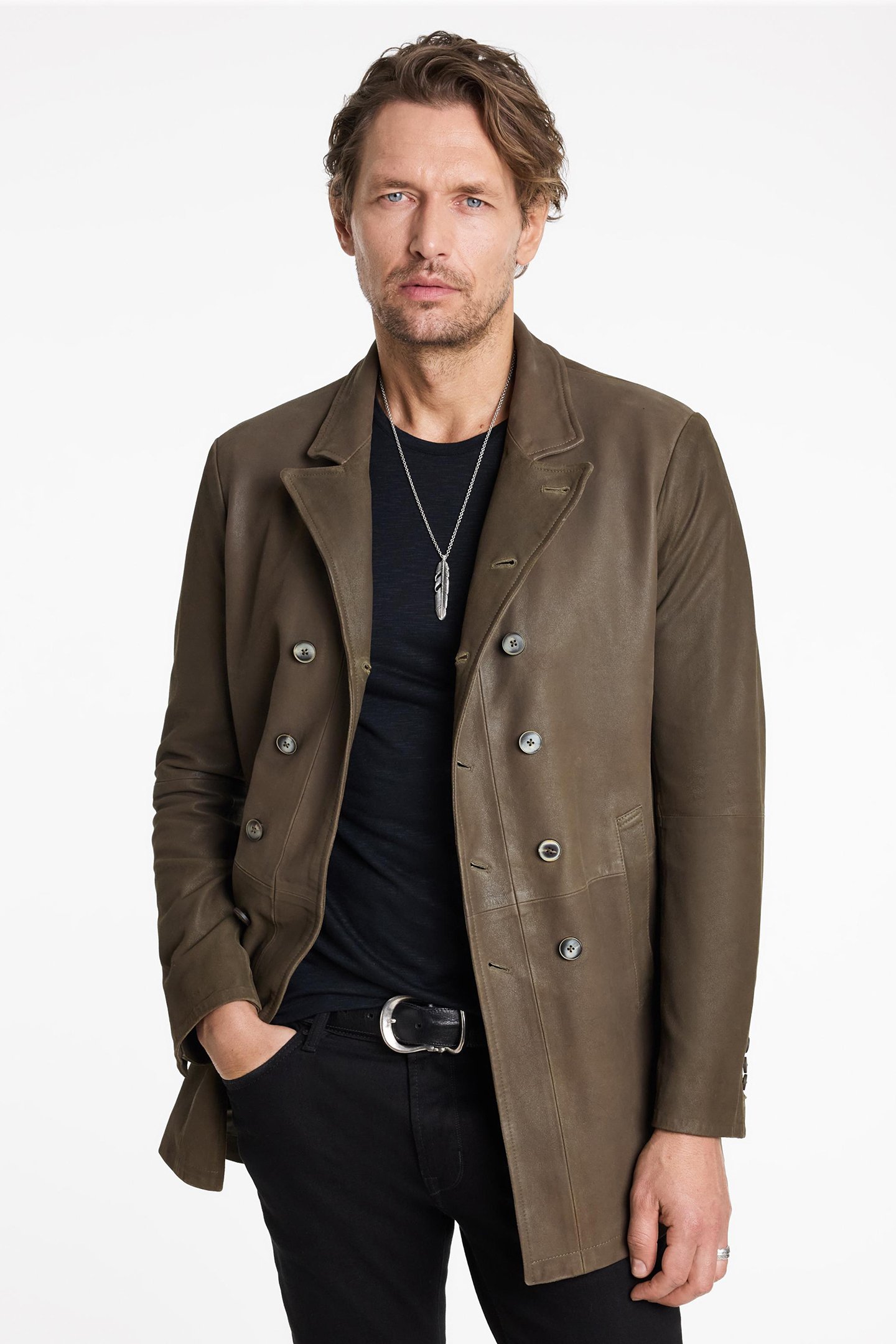 DBL BREASTED CUT-AWAY MID LENGTH COAT TWINE BROWN by John Varvatos