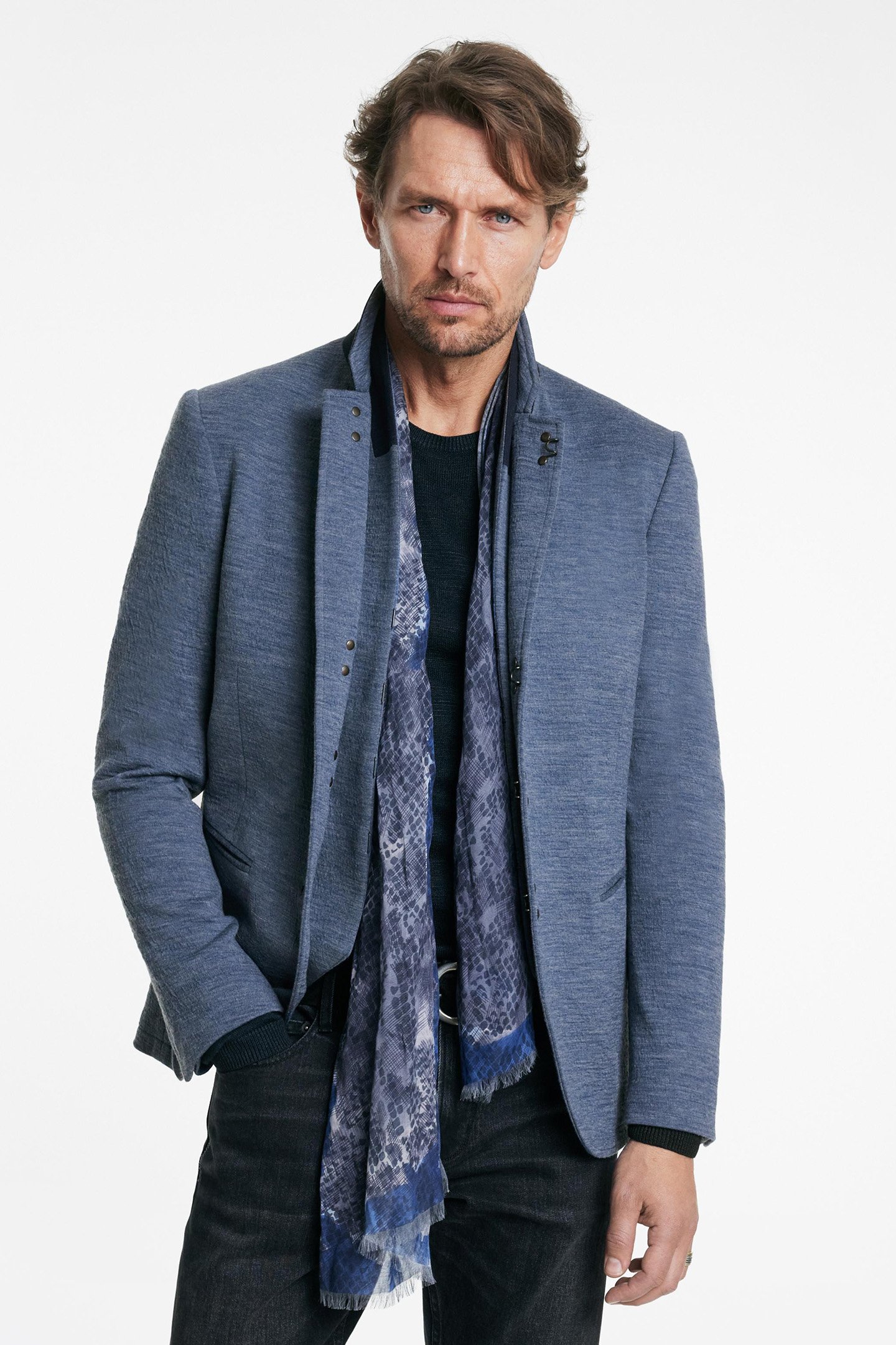 SLIM FIT NOTCH LAPEL JACKET WITH A HOOK RAIN BLUE by John Varvatos