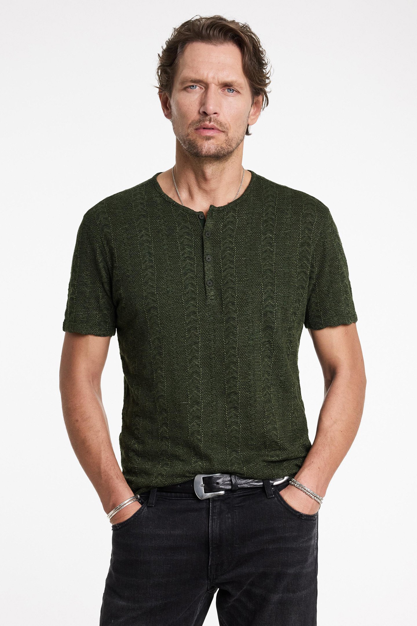 MADOC SS HENLEY IN TEXTURE JACQUARD SEAWEED 1