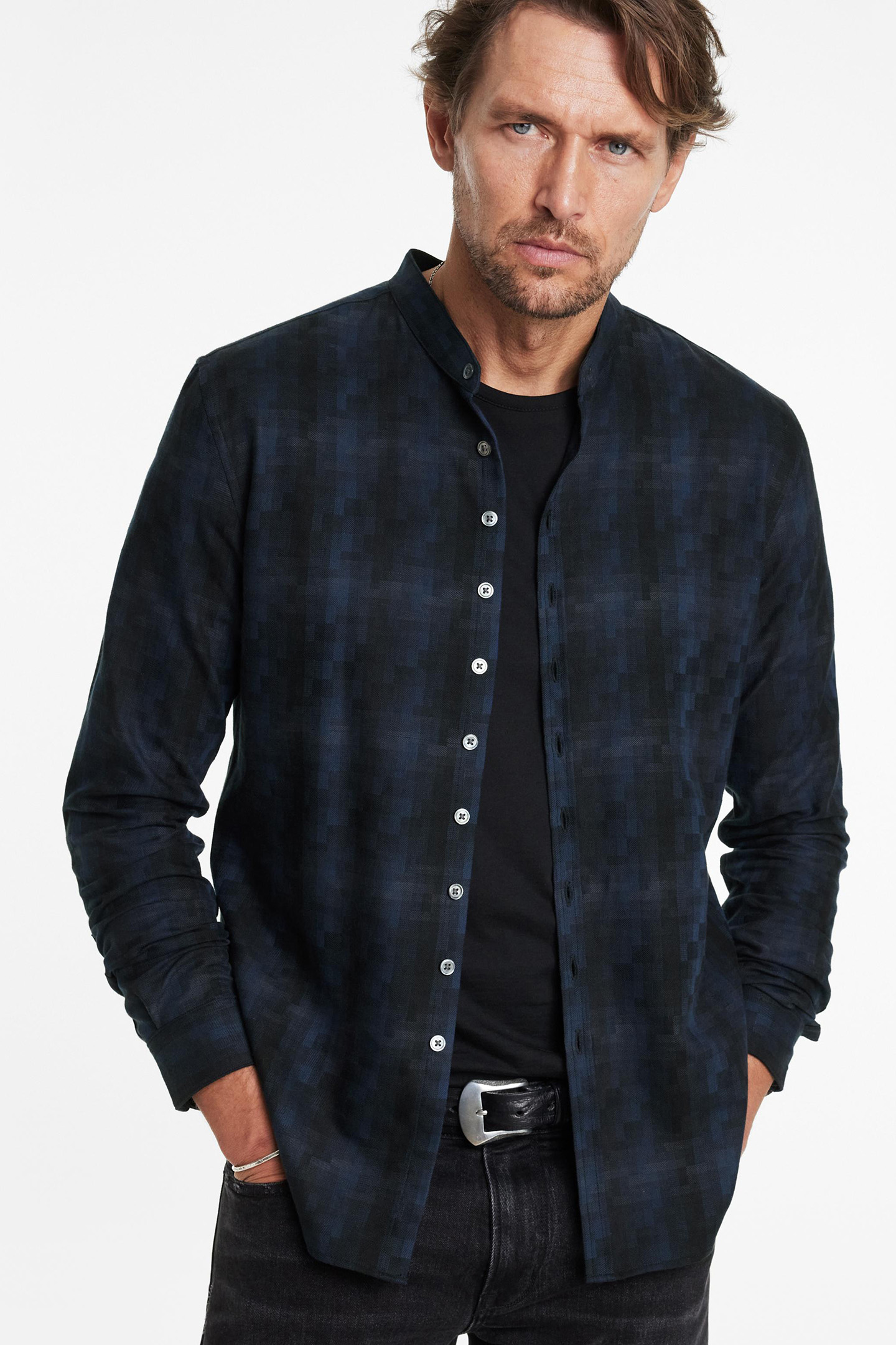 MULTI BUTTON BAND COLLAR SHIRT INK BLUE 3