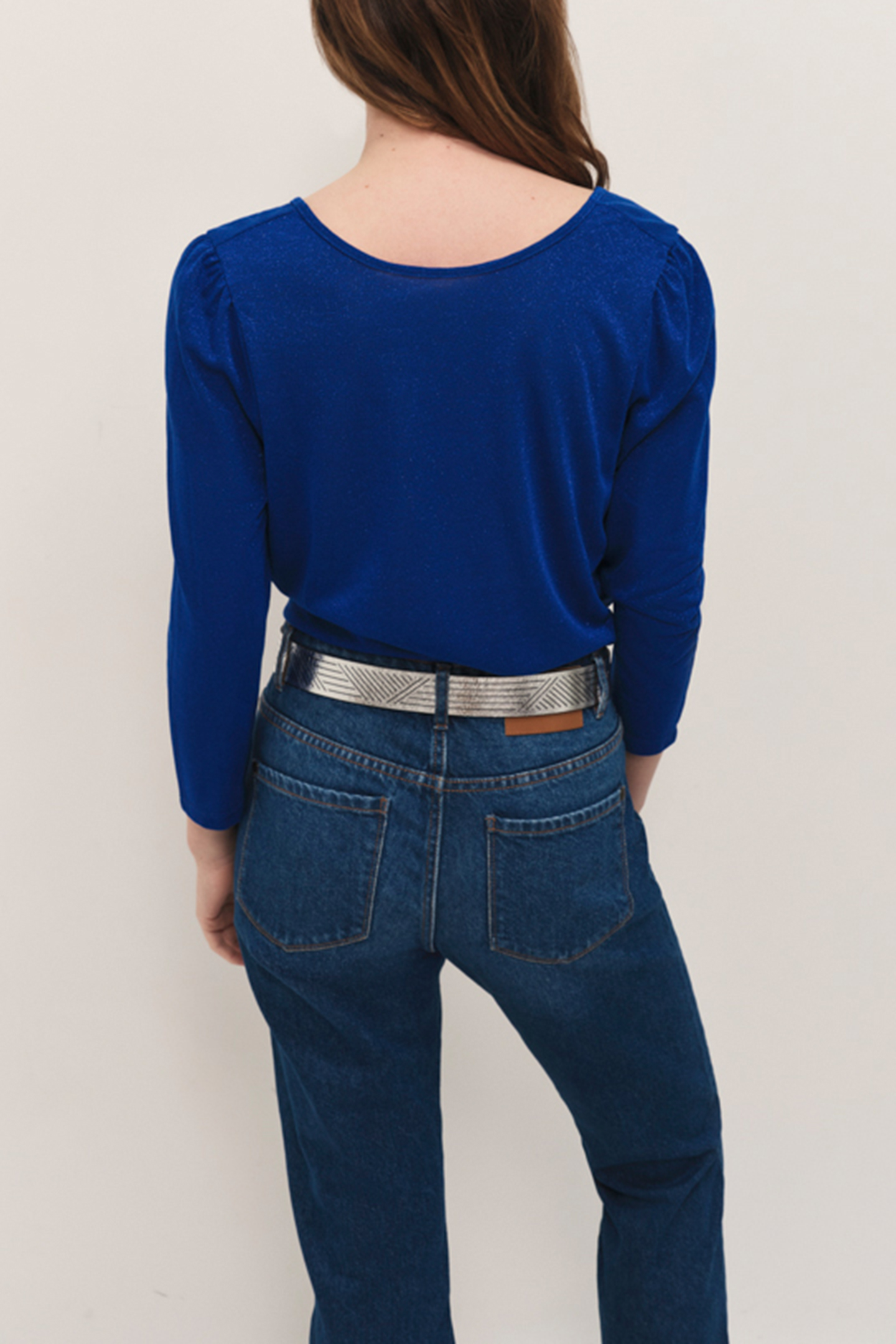 MEIJI - SAPPHIRE BLUE GLITTER T-SHIRT WITH BACK BUTTON DECOR 2