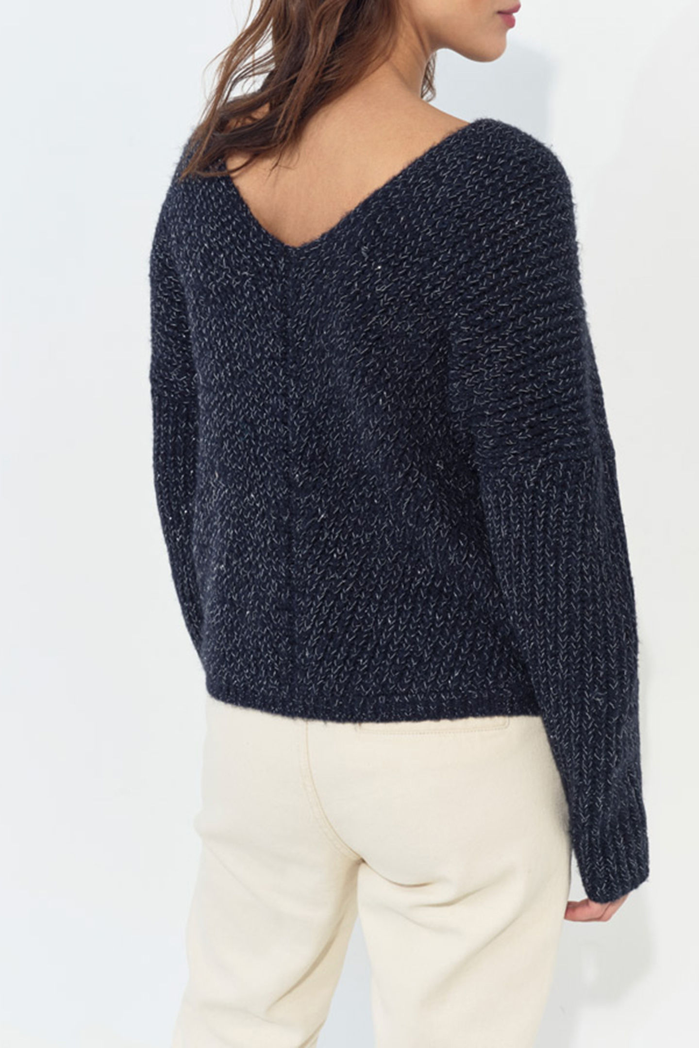 TIMEO - NAVY LUREX KNIT V-NECK JUMPER FRONT/BACK 5