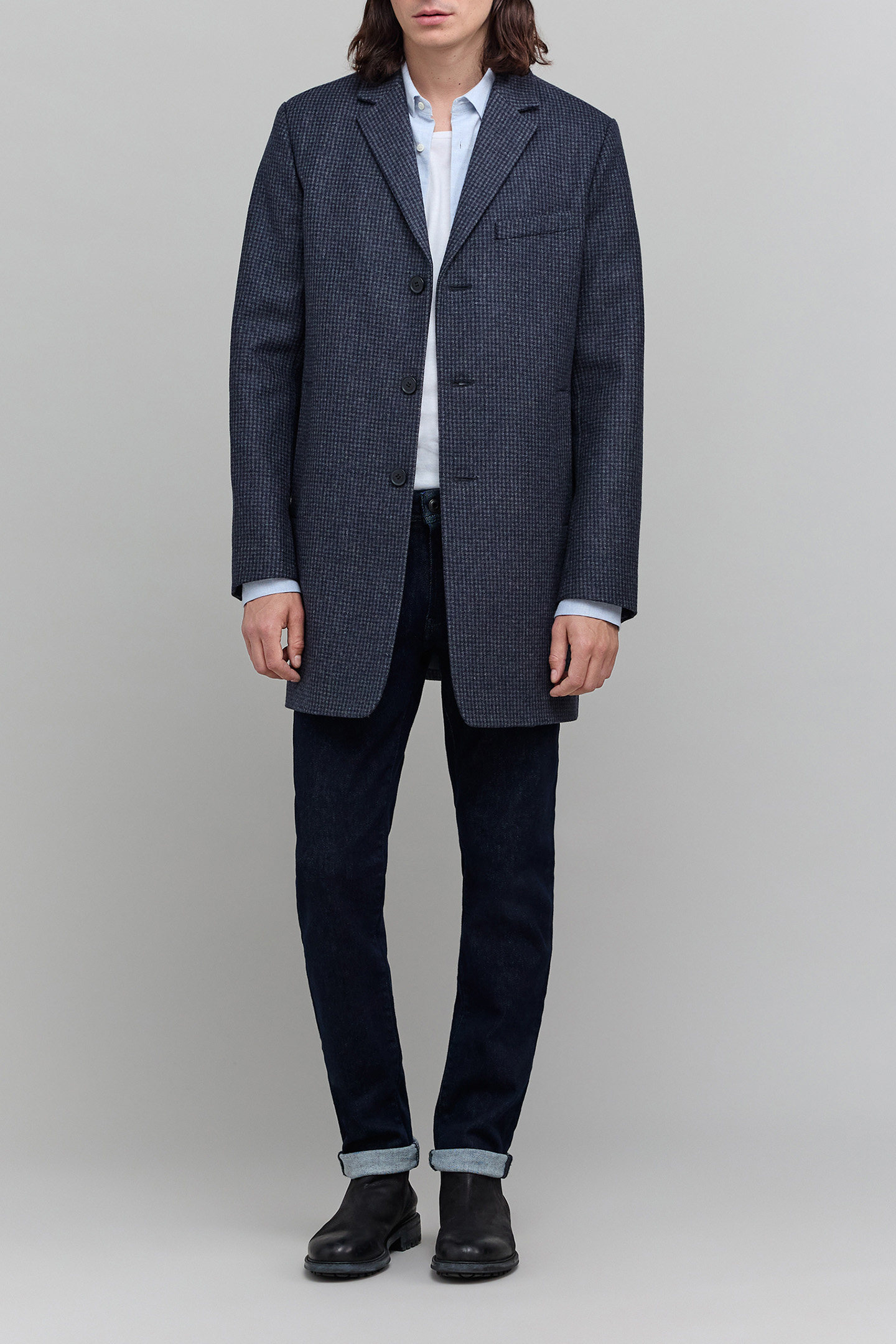 CHECK NAVY WOOL COAT 3