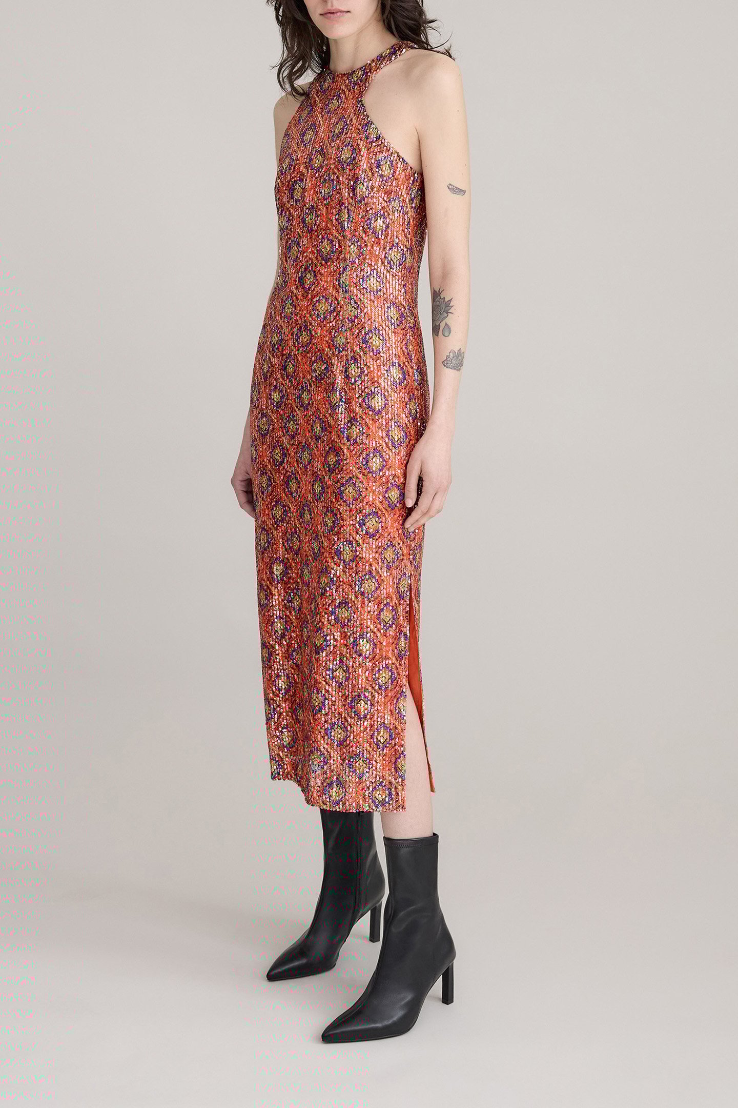 SEQUIN-EMBROIDERED ARABESQUE PRINT MELON MIDI DRESS FOR WOME 1