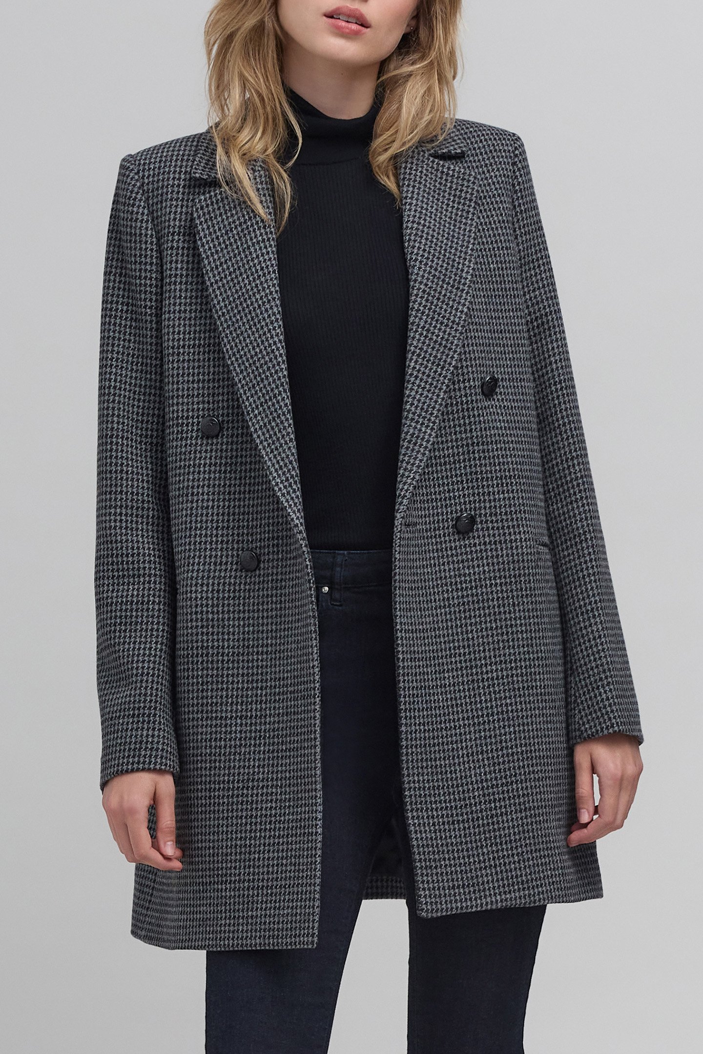 METALLIC HOUNDSTOOTH PATTERN BLACK STRAIGHT COAT by IKKS
