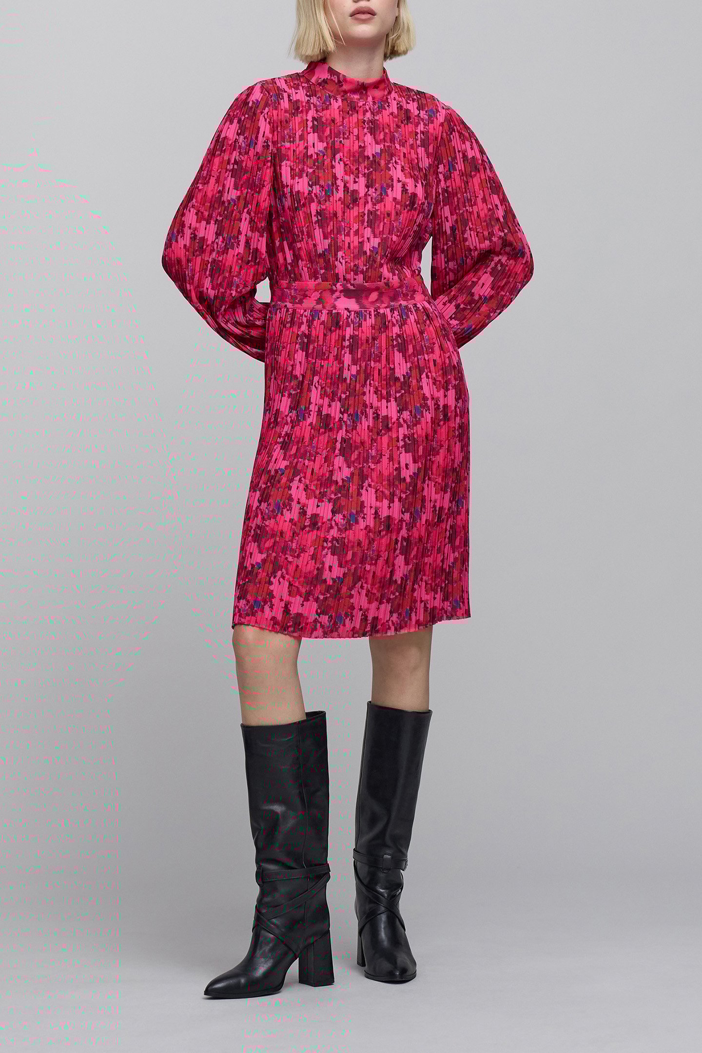 PINK PLEATED ORIGAMI FLOWER PRINT DRESS 3