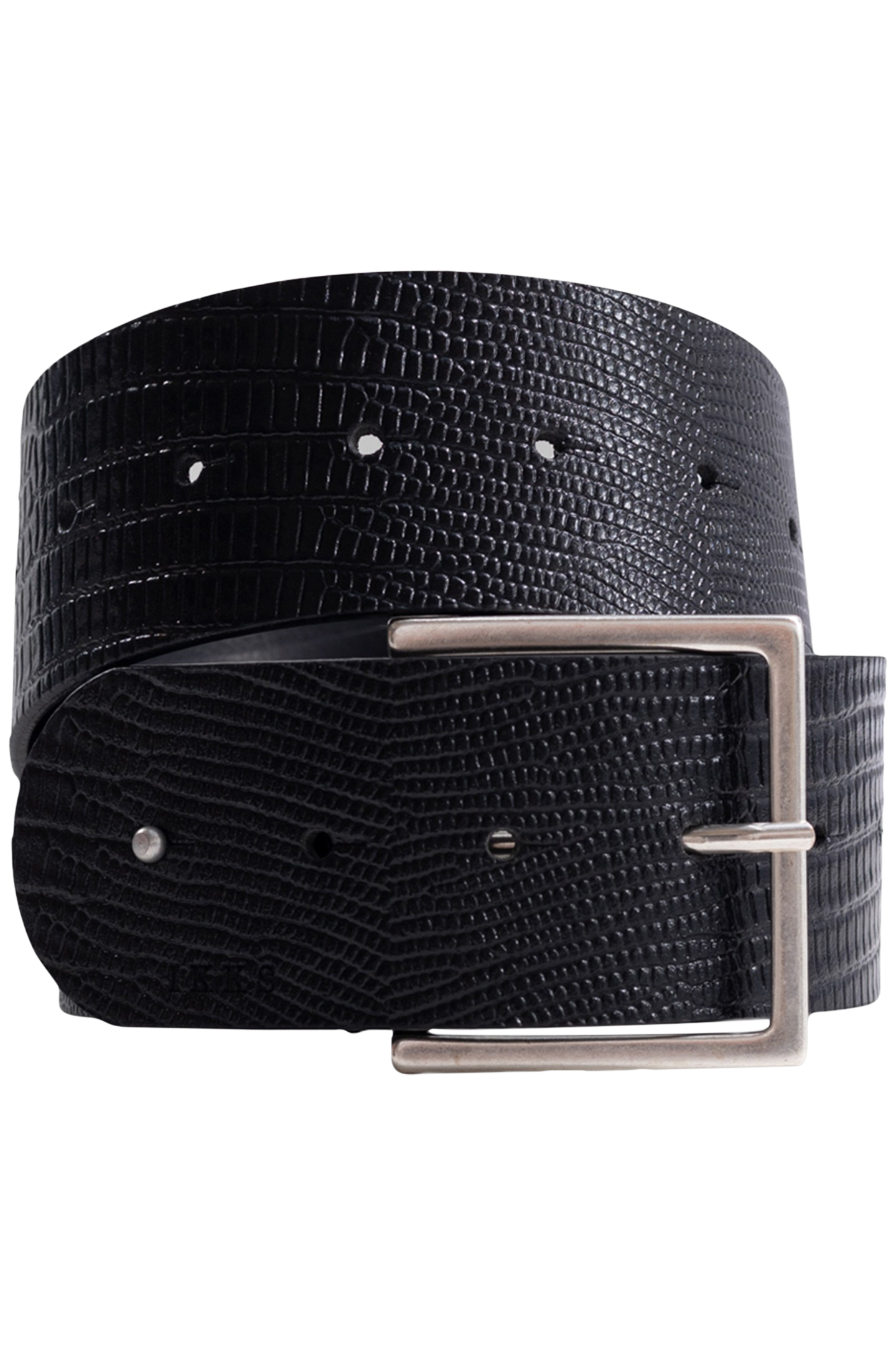 PYTHON-EFFECT EMBOSSED LEATHER BLACK DRESS BELT 1