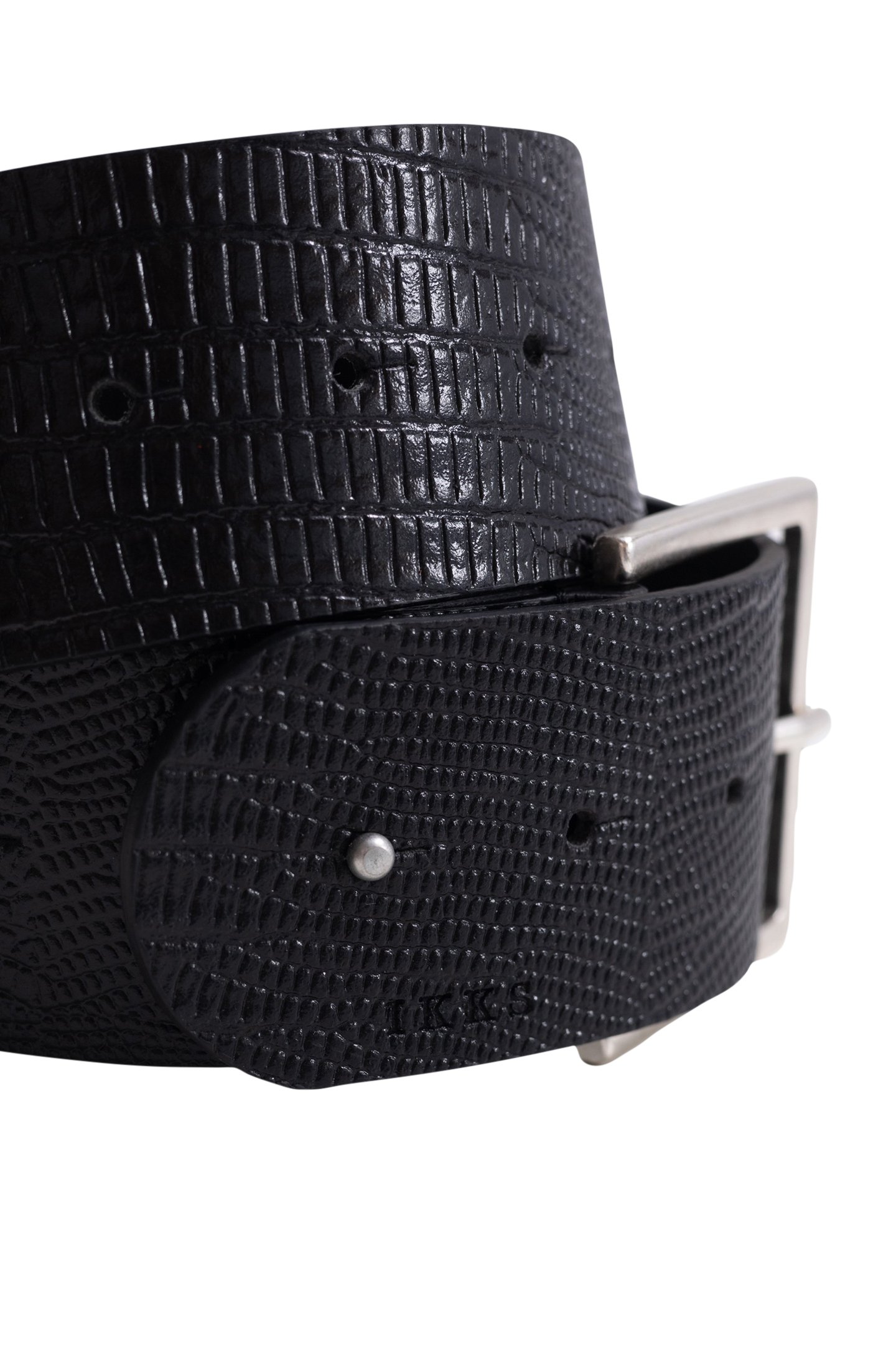 PYTHON-EFFECT EMBOSSED LEATHER BLACK DRESS BELT 3