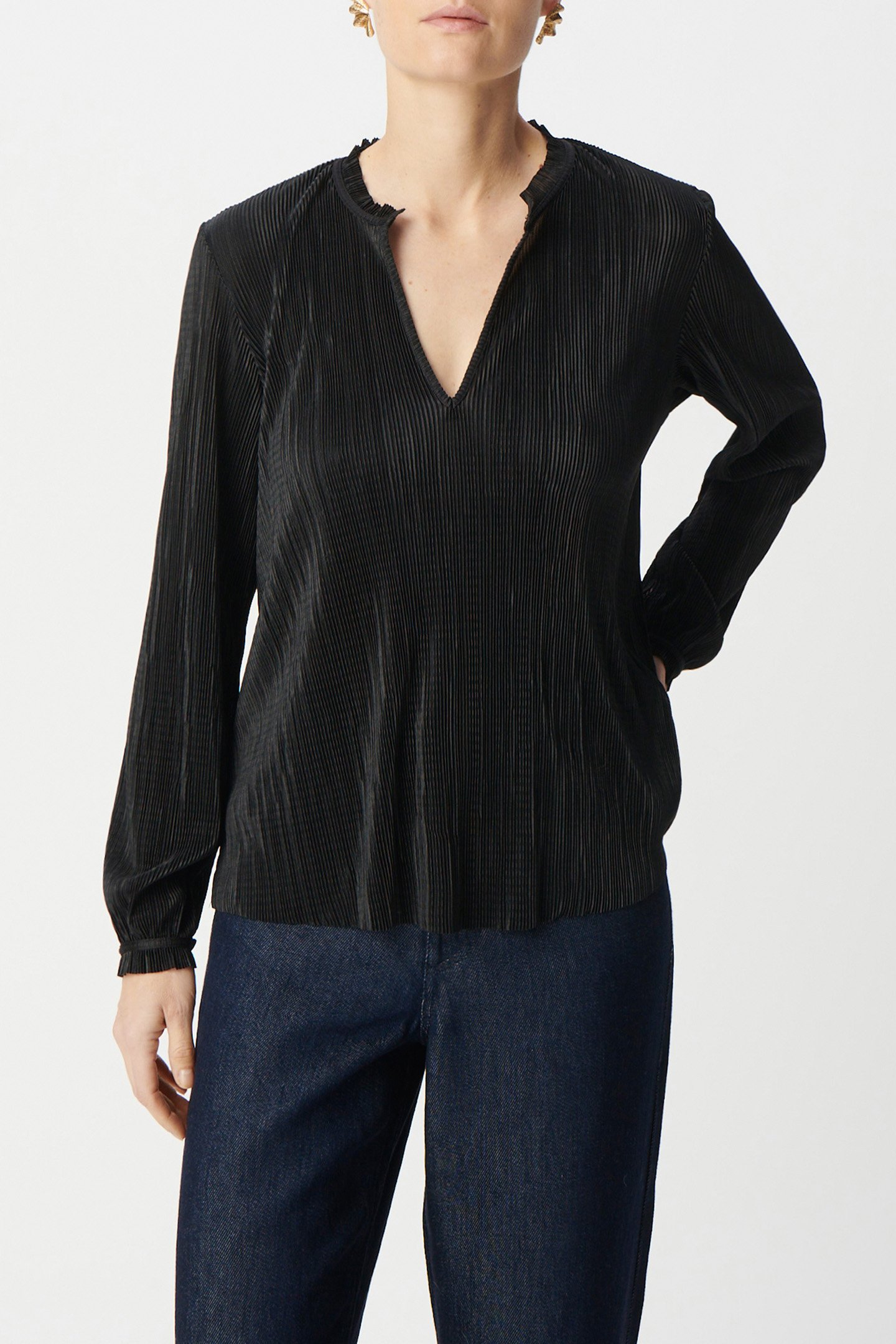 BLACK PLEATED COLLARED BLOUSE by IKKS