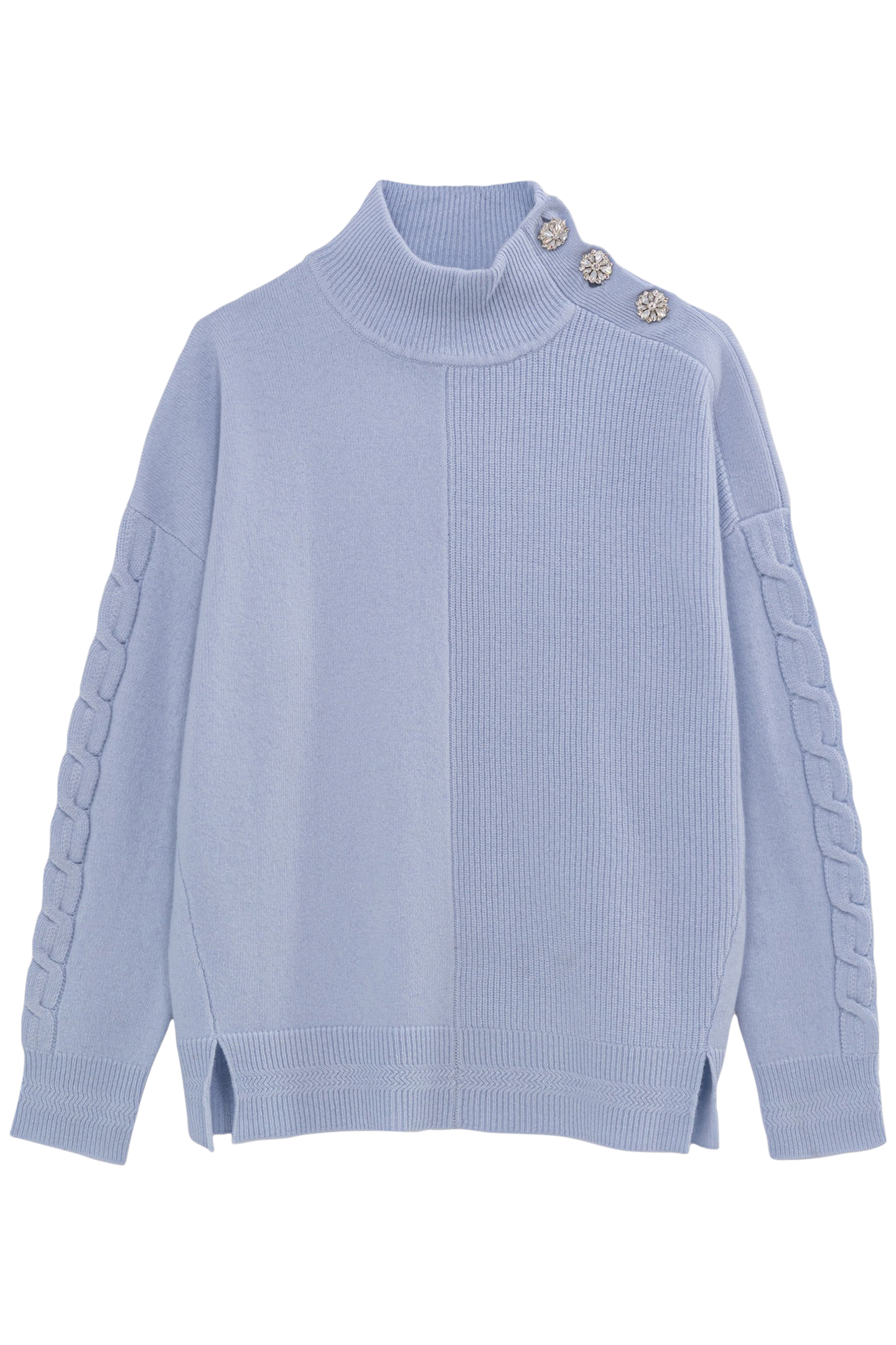 SKY BLUE STAND-UP COLLAR KNIT SWEATER WITH RHINESTONE BUTTON 1