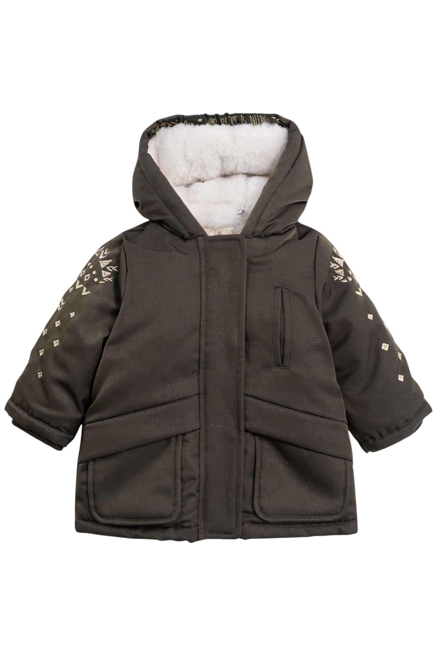SEQUINED KHAKI PARKA WITH EMBROIDERED SLEEVES, BABY GIRL 1
