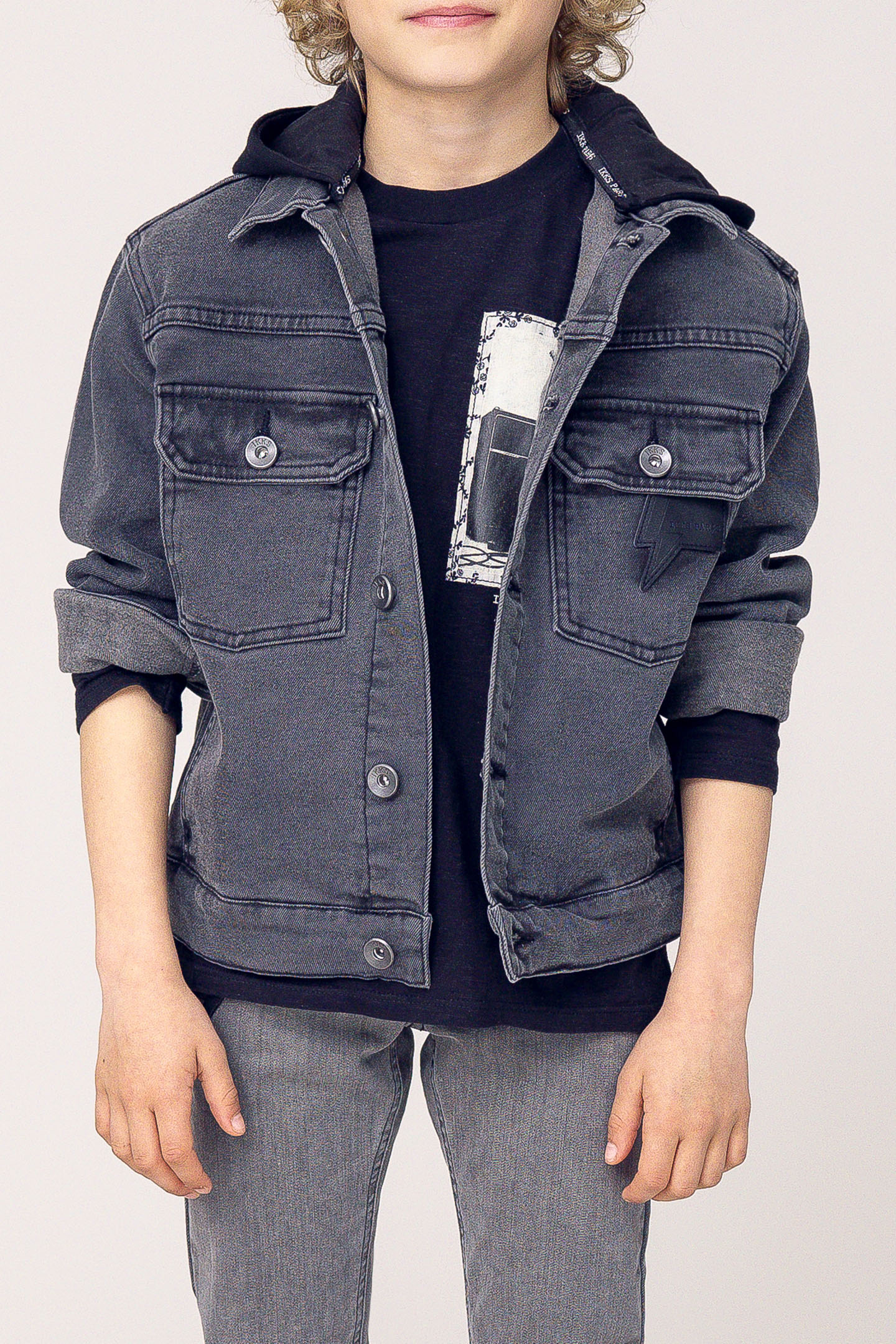 BOY'S WASHED GRAY DENIM JACKET WITH REMOVABLE HOOD 1
