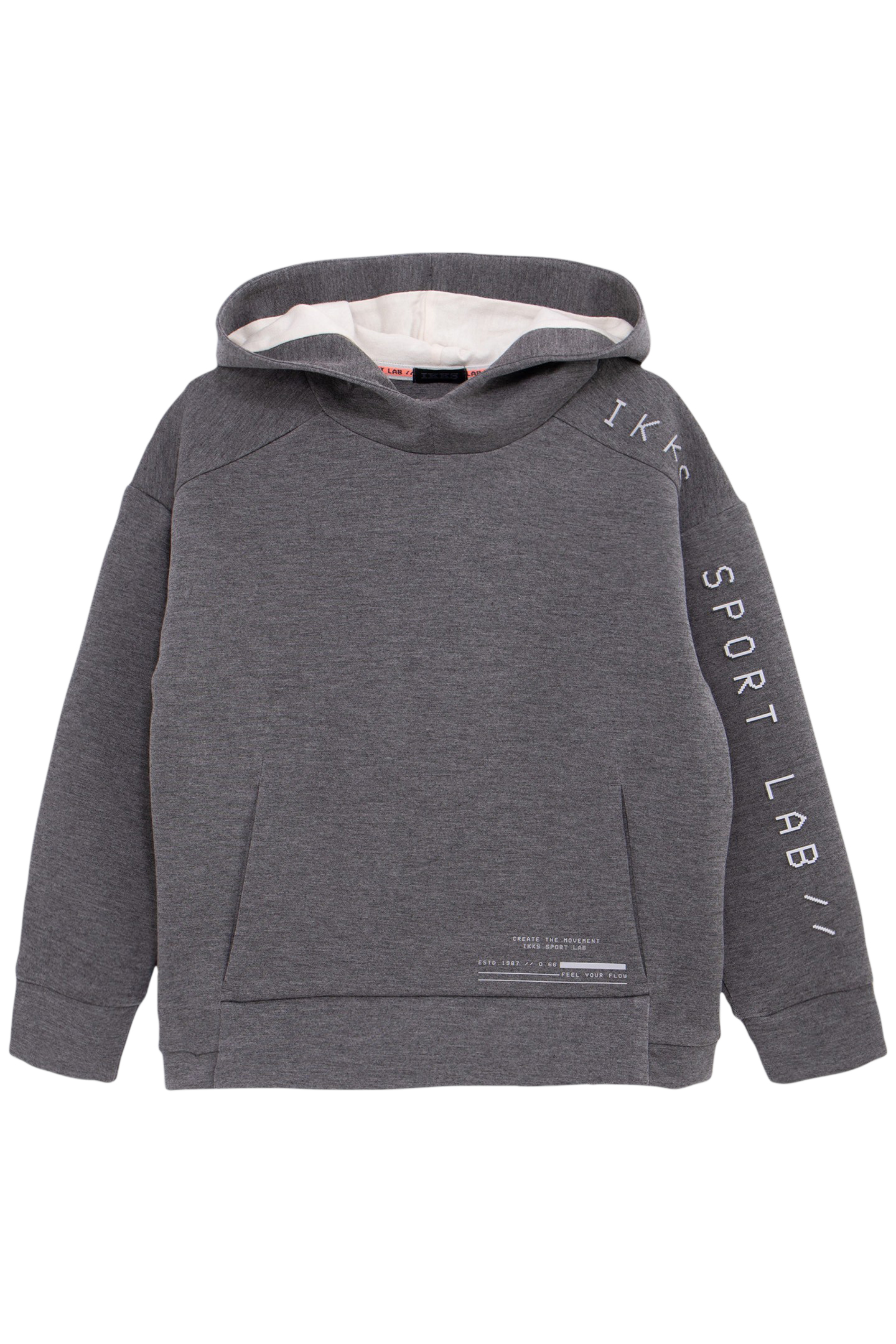 BOY'S GREY HOODIE, REFLECTIVE SLEEVES, EMBOSSED SLOGAN 1