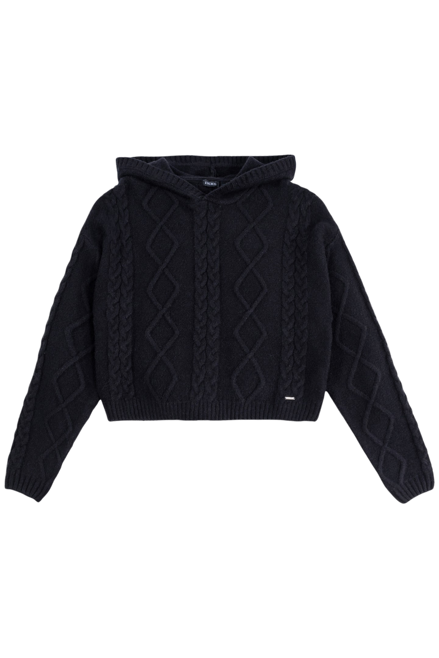 GIRL'S BLACK CABLE-KNIT HOODED SWEATER 1