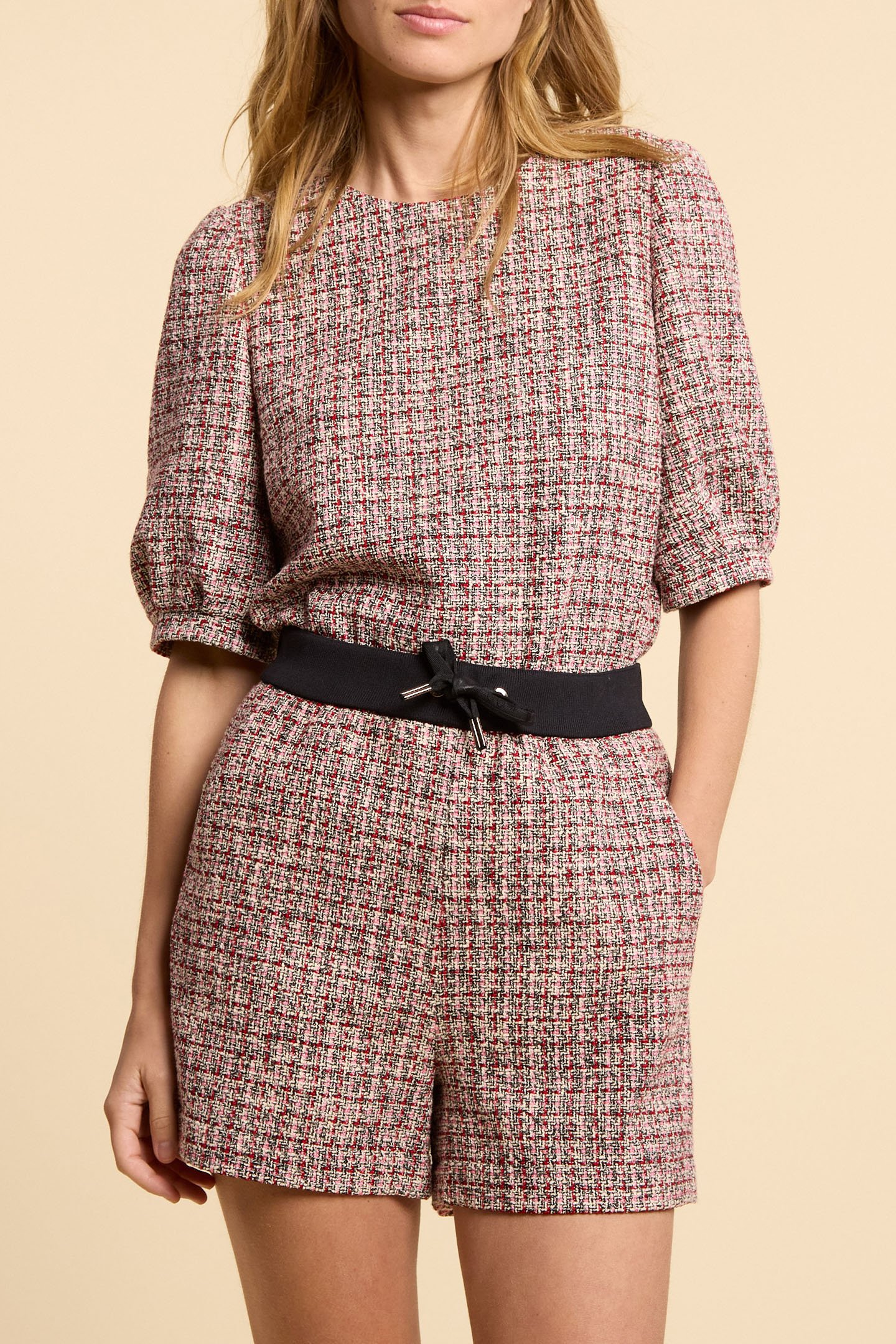 RED DECORATIVE TWEED-STYLE SHORTS by ICODE