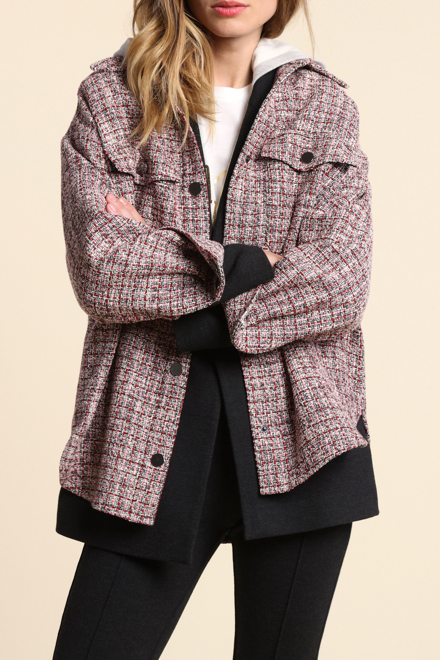 RED DECORATIVE TWEED-STYLE OVERSHIRT 1