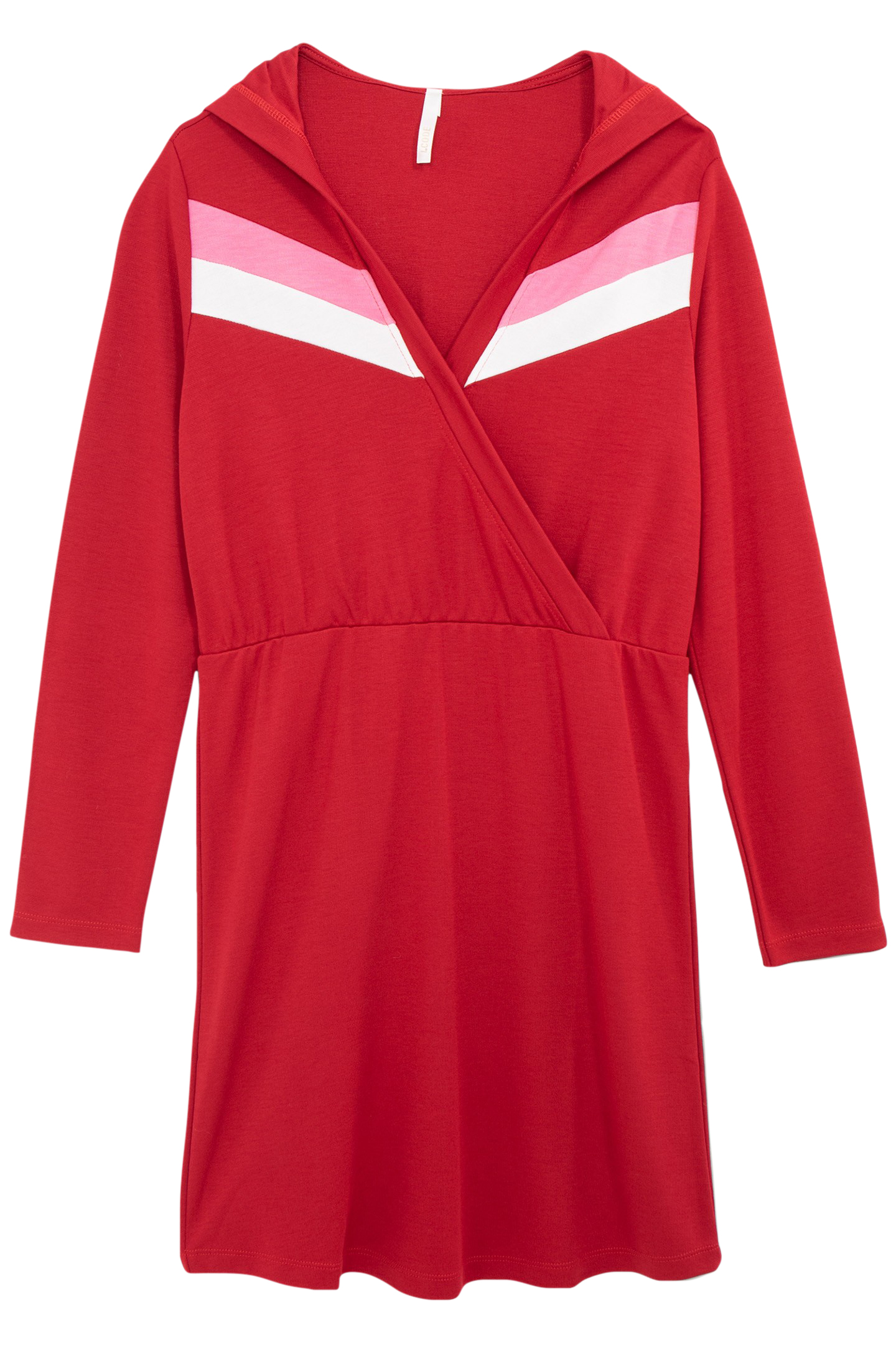 RED HOODED DRESS WITH PLACED STRIPES 4