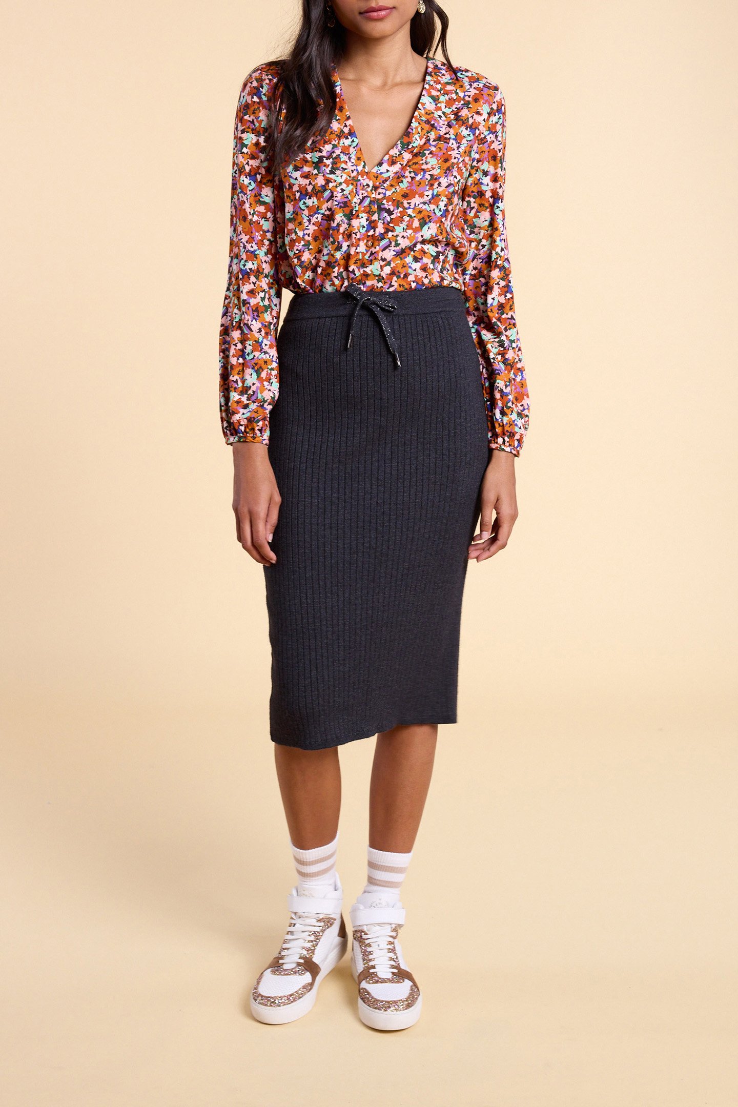 CAMEL BLOUSE WITH MULTICOLOUR TACHIST PRINT 1