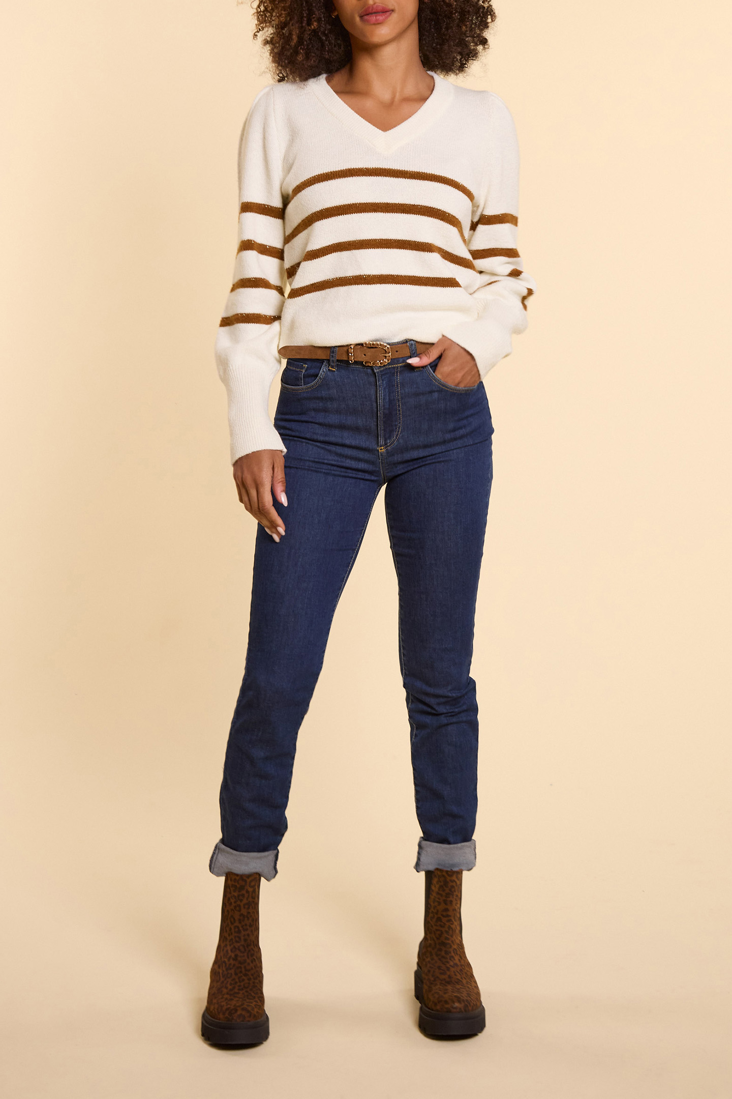 ECRU KNIT SWEATER WITH CAMEL STRIPES 3