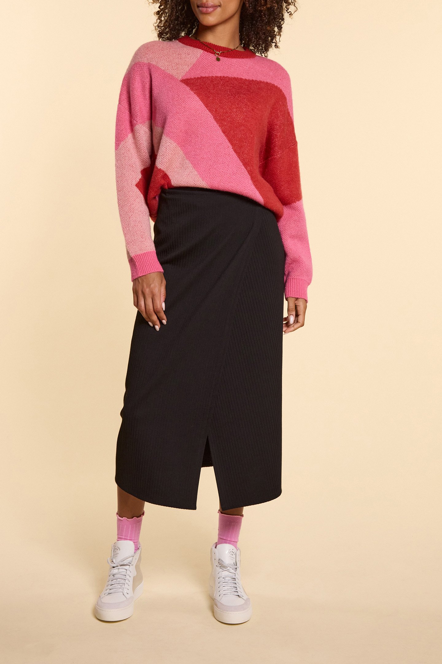 RED JACQUARD SWEATER WITH COLOR BLOCK PATTERN by ICODE